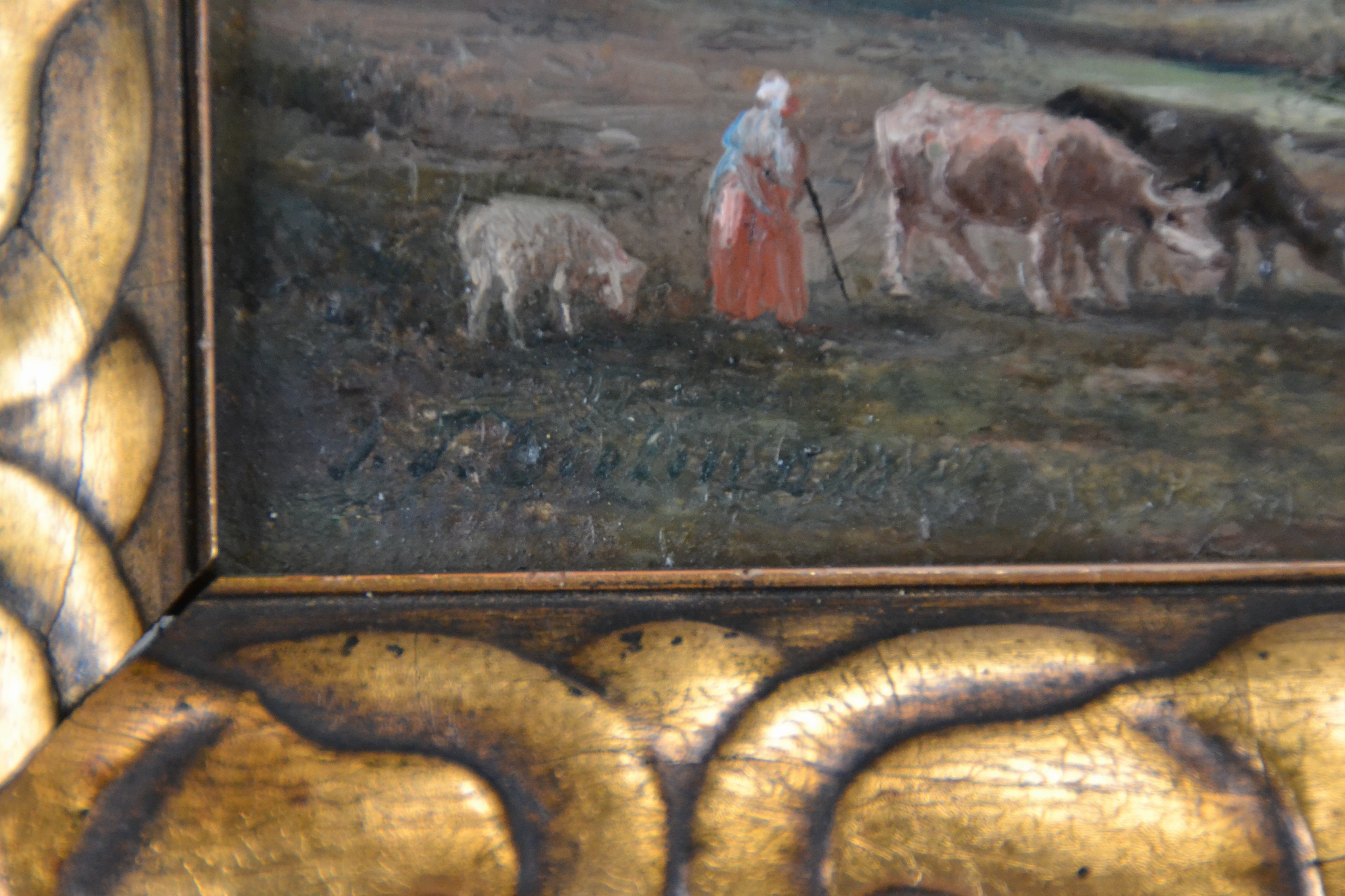 Detail a: Julius Dielmann, 1862-1931 Frankfurt/Main, Ansicht von Kronberg im Taunus mit der Burg Kronberg, im Vordergrund Magd mit Tieren, Öl/Pappe, li. unten ...