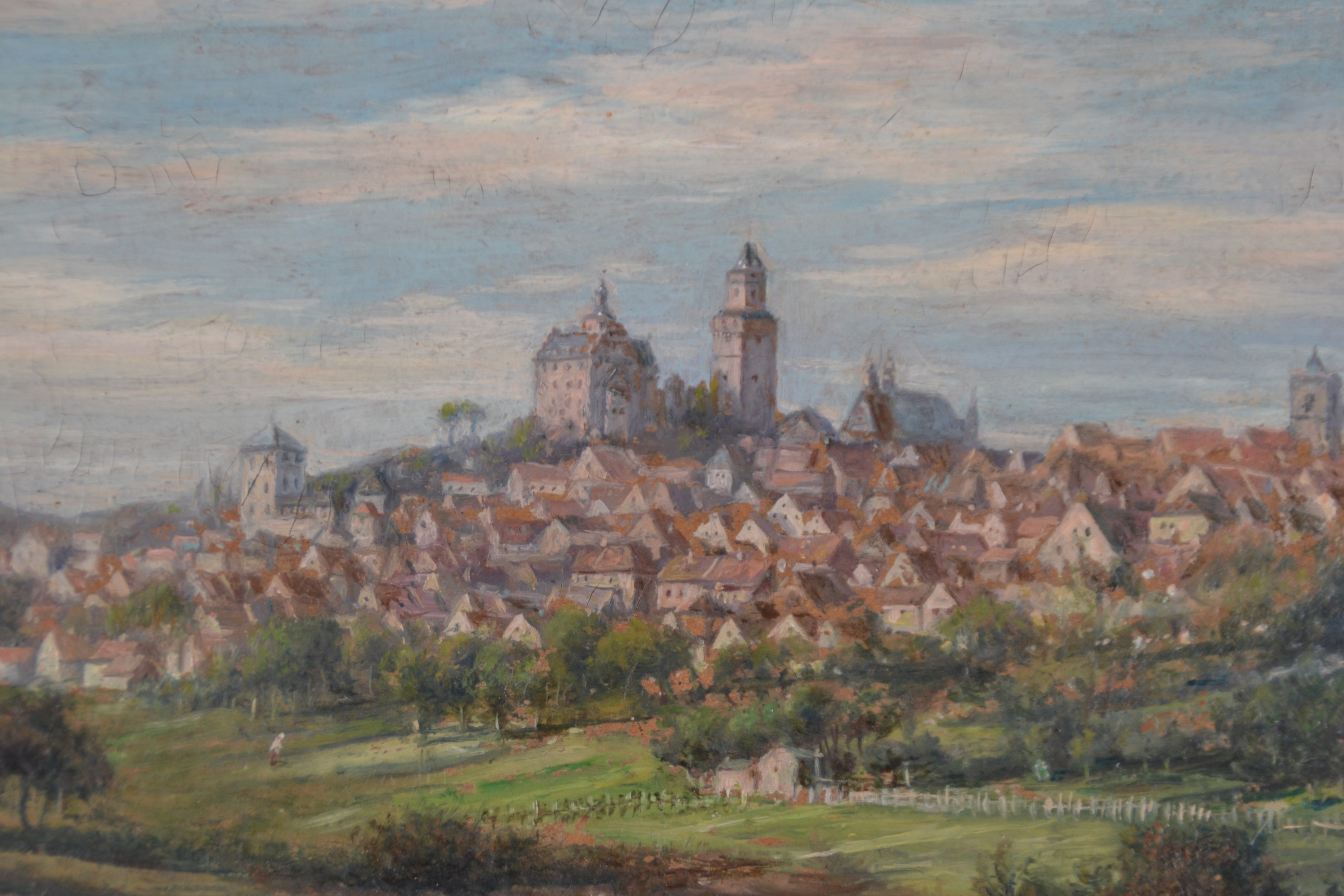 Detail b: Julius Dielmann, 1862-1931 Frankfurt/Main, Ansicht von Kronberg im Taunus mit der Burg Kronberg, im Vordergrund Magd mit Tieren, Öl/Pappe, li. unten ...