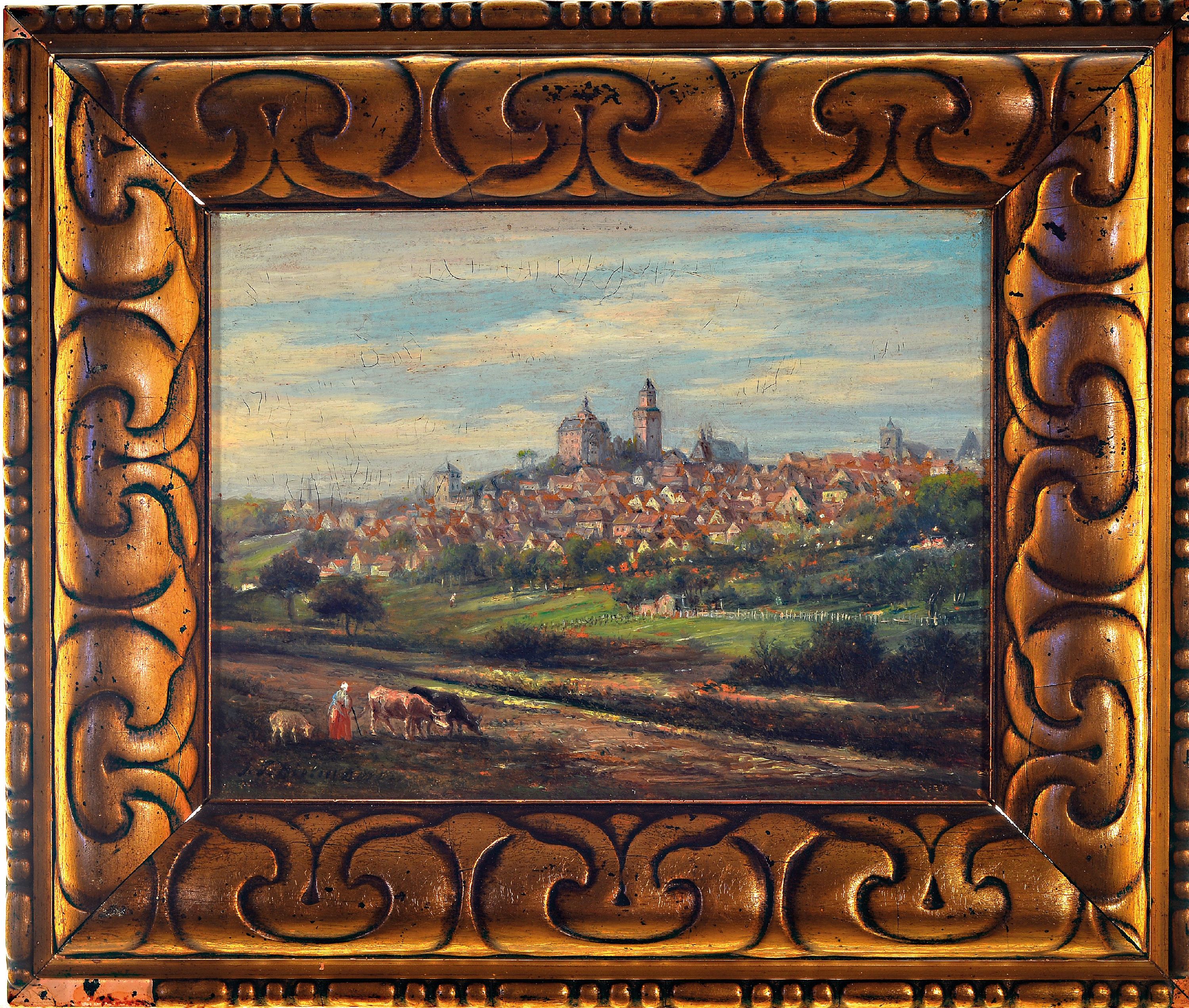 Detail k: Julius Dielmann, 1862-1931 Frankfurt/Main, Ansicht von Kronberg im Taunus mit der Burg Kronberg, im Vordergrund Magd mit Tieren, Öl/Pappe, li. unten ...