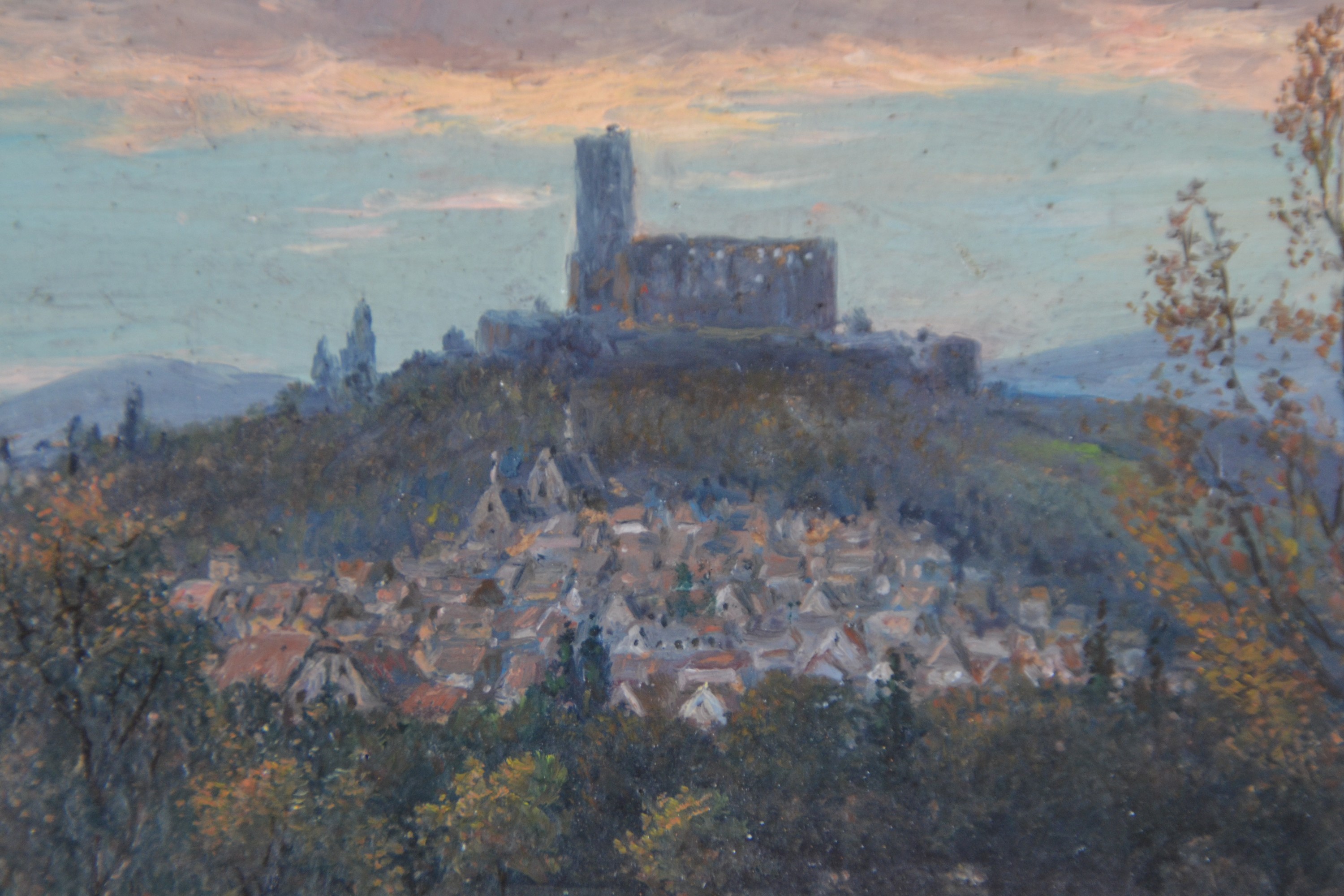 Detail b: Julius Dielmann, 1862-1931 Frankfurt/Main, Ansicht von Königstein im Taunus mit Blick aufdie Burg, im Vordergrund Ochsenfuhrwerk, Öl/Pappe, li. ...