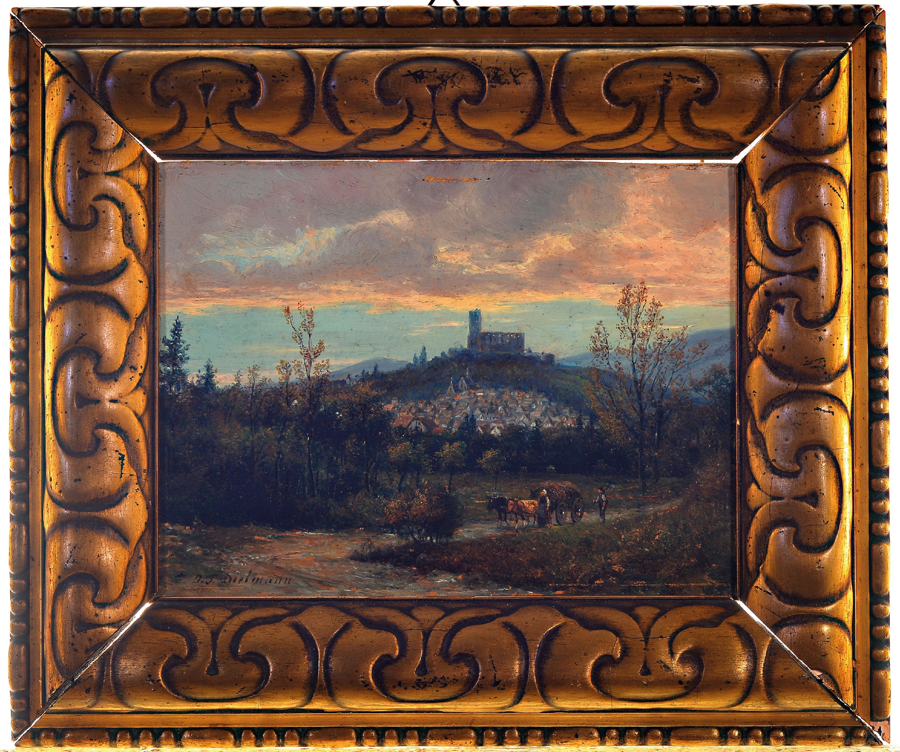 Detail k: Julius Dielmann, 1862-1931 Frankfurt/Main, Ansicht von Königstein im Taunus mit Blick aufdie Burg, im Vordergrund Ochsenfuhrwerk, Öl/Pappe, li. ...