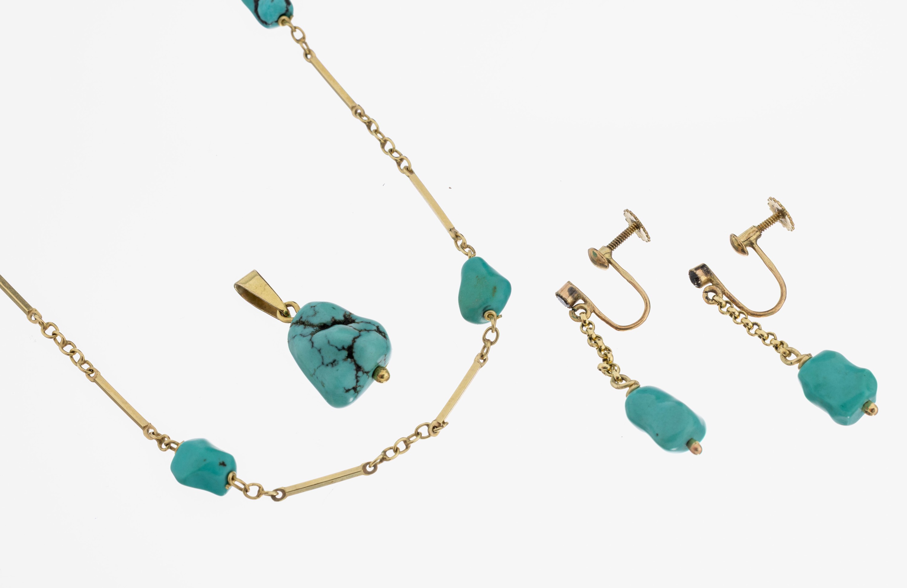 Image 27063818 - 8 kt Gold Türkis-Konvolut, GG 333/000, best. aus: 1 Collier, L. ca. 56 cm, ...