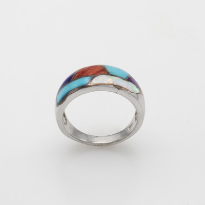 27064097a - Ring mit Farbsteinen, Silber 925/000, Türkise, Perlmutt, Lapislazuli und Jaspis, RW ca. ...