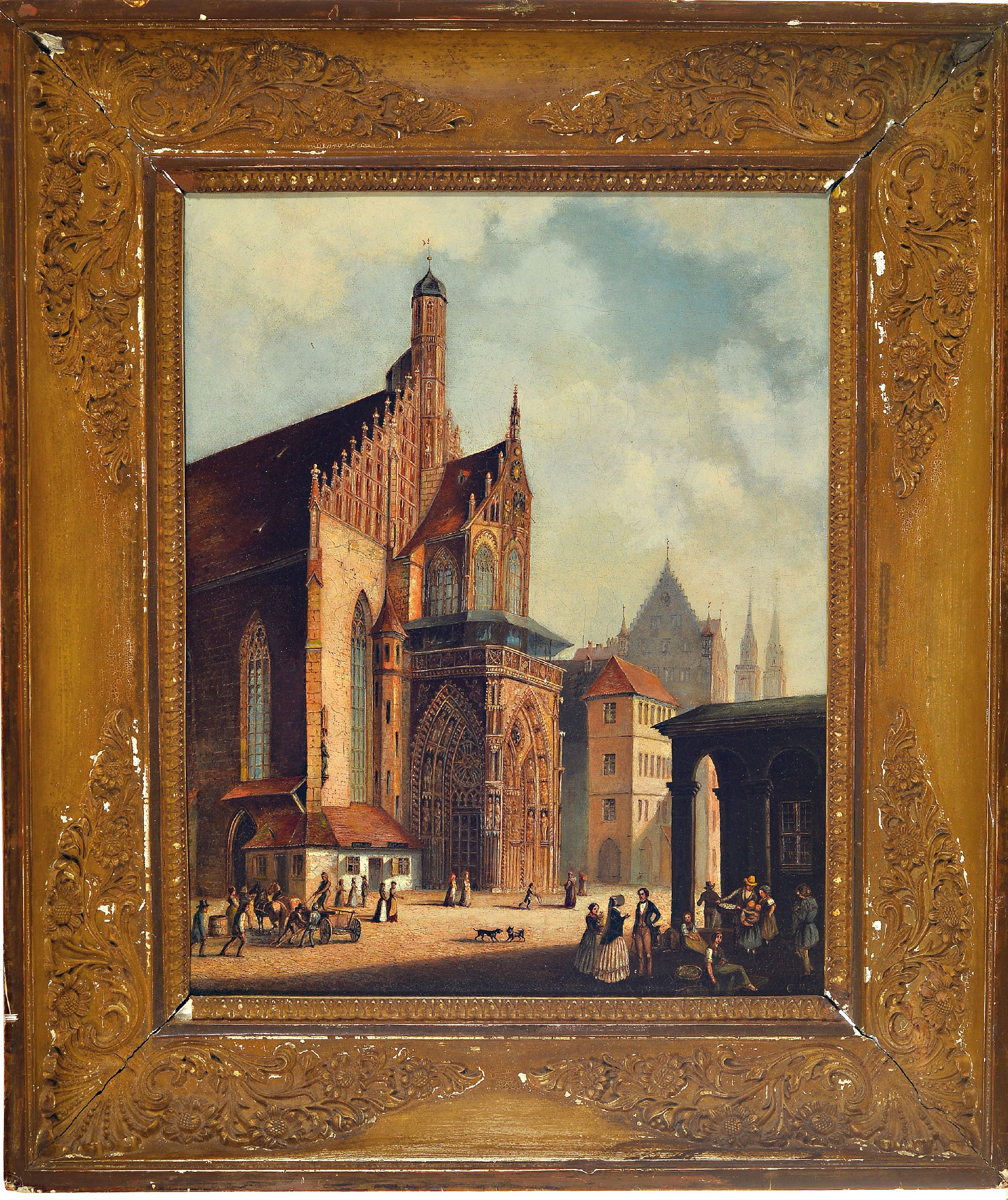 Detail k: Ferdinand Bernhard Hoeppe, 1841 Cleve-1922 Amsterdam, Architekturbild, Blick auf die Frauenkirche in Nürnberg, der Platz davor mit Menschen belebt, ...