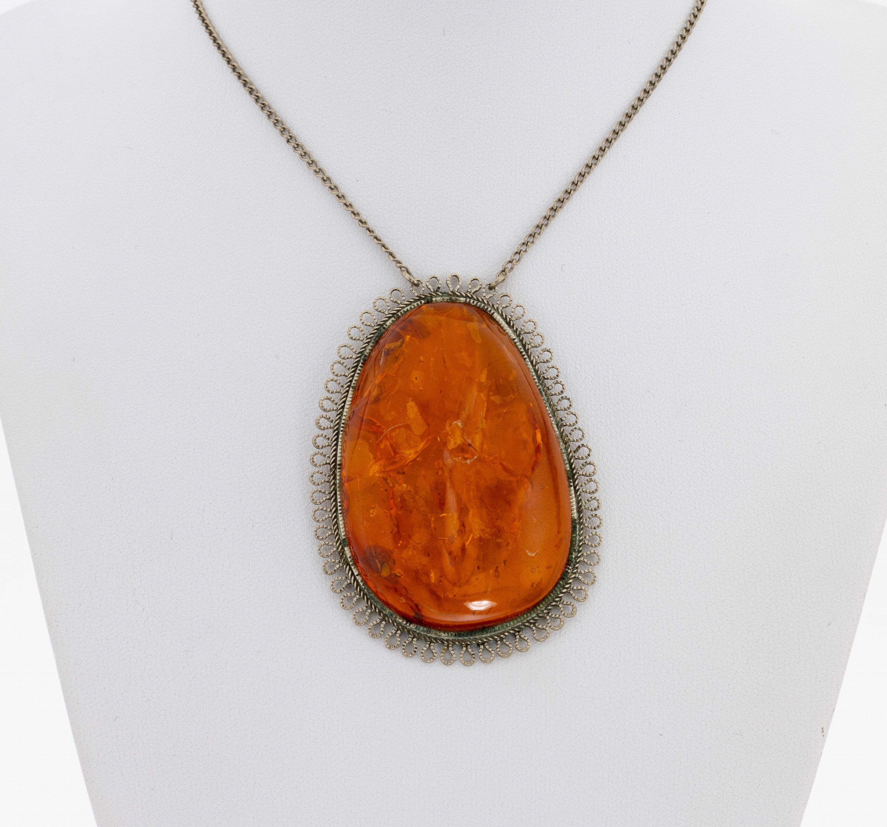Image 27064204 - Amber-necklace , silver tested, middle part with pear shaped amber, cognac coloured, l. ...