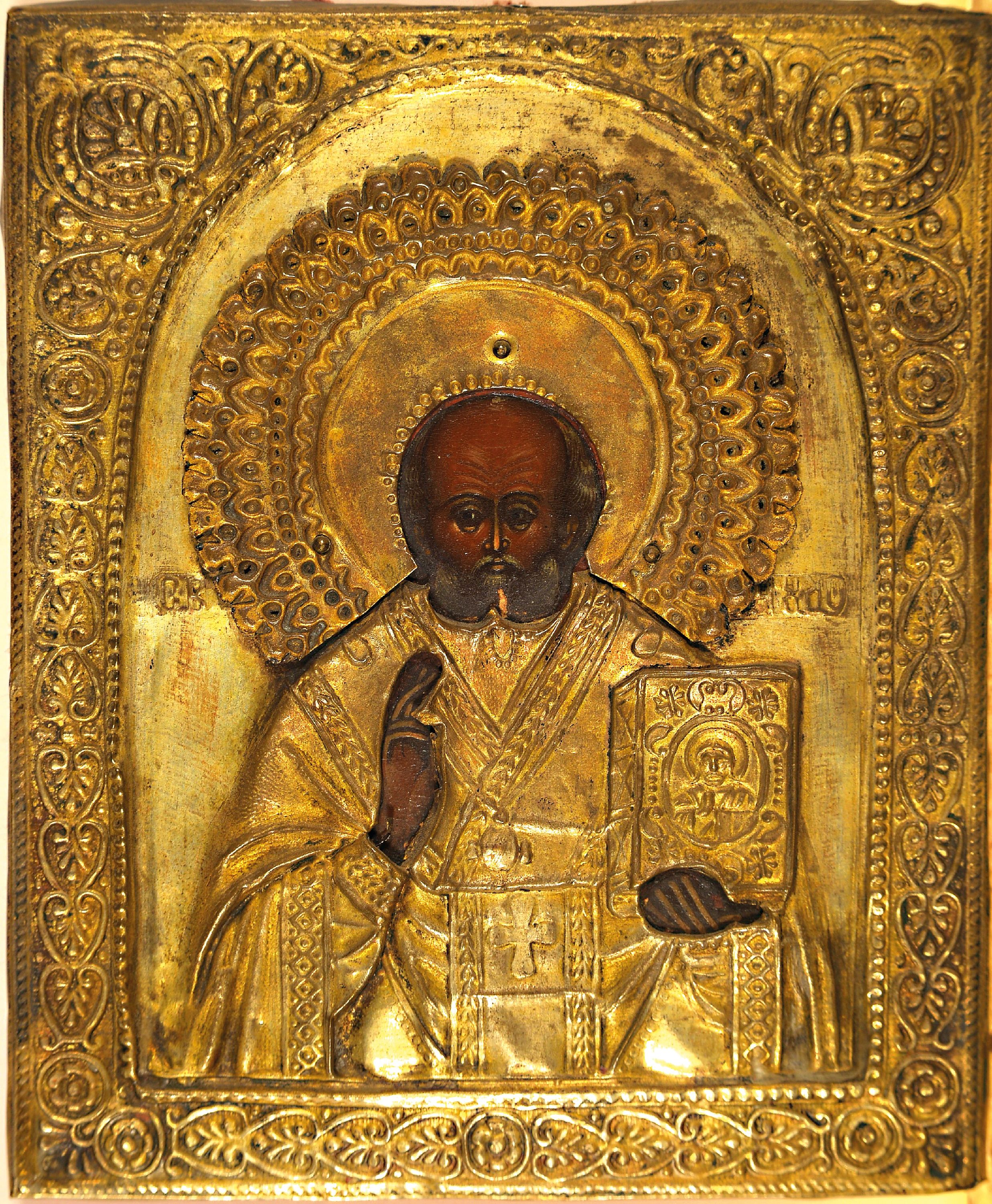 Detail k: Kleine Ikone, Russland, Ende 19. Jh., Hl. Nikolaus, Tempera auf Holz, geprägtes Messingoklad, ca. 18.5x11cm