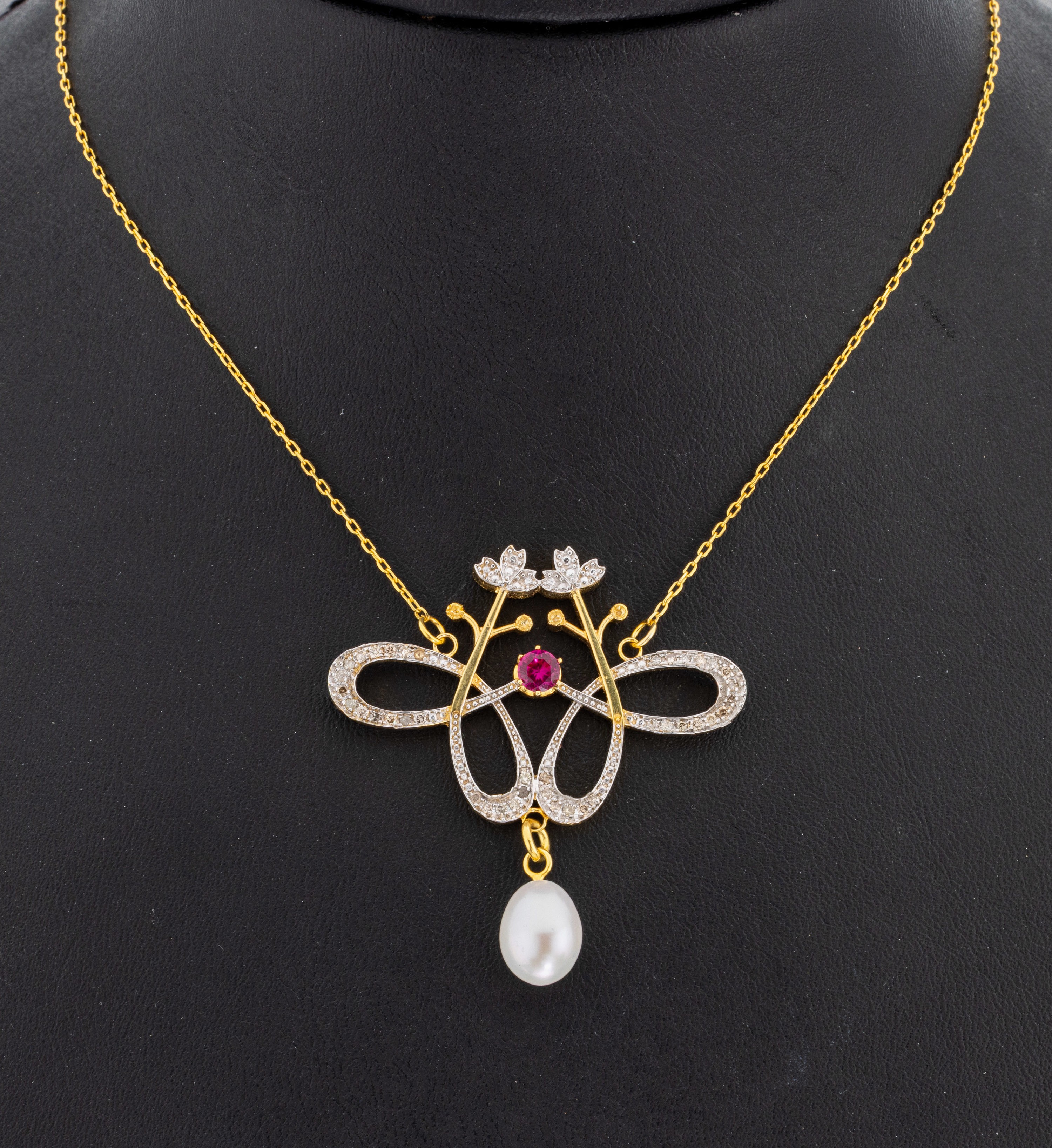 Image 27064217 - Rubin-Diamant-Perl-Collier, 925er Silber teilverg., im Stil des Jugendstils, ...