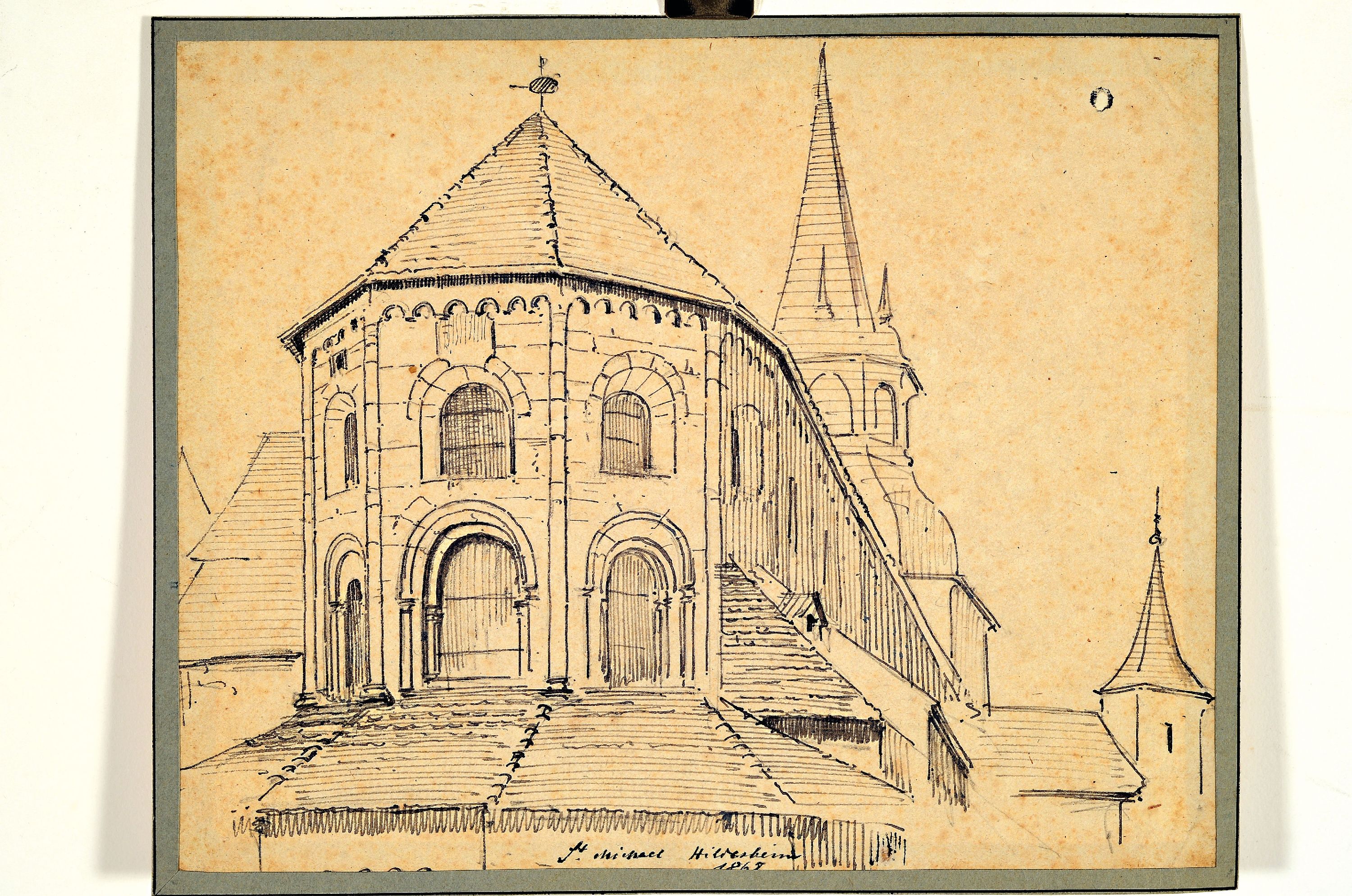 Detail k: Karl Weysser, 1833 Durlach-1904 Heidelberg, zwei Tuschfederzeichnungen: 1x Hildesheim im Domhof 1868, ca. 24x10cm; 1x St. Michael Hildesheim 1867, ...