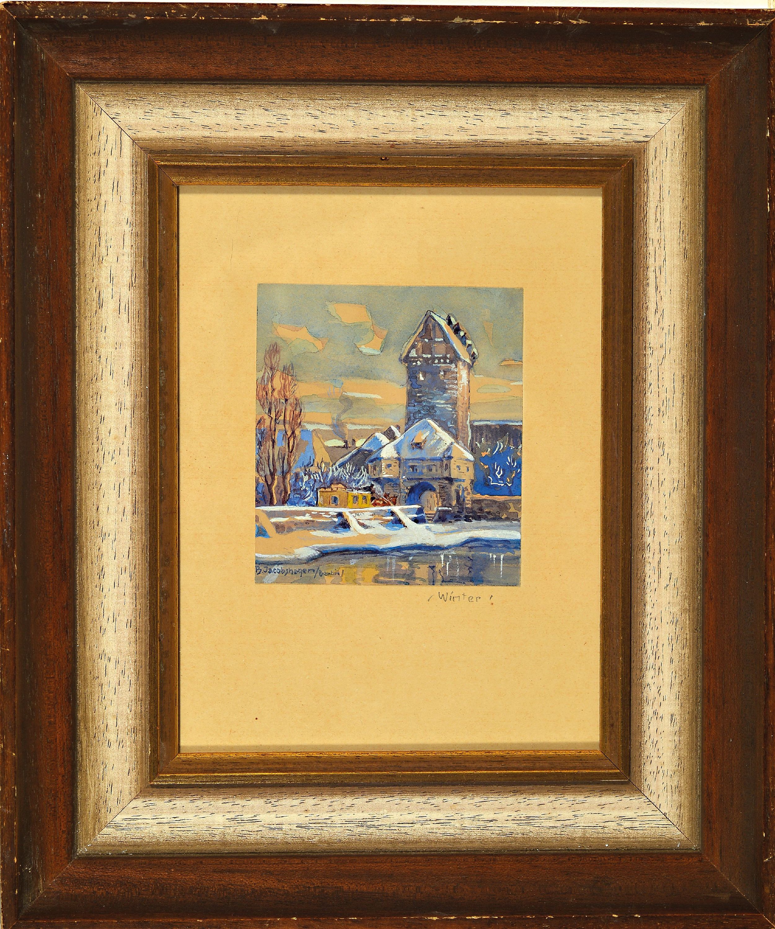 Detail k: Betty Jacobshagen, geb. 1890, Berliner Künstlerin, Ansicht aus dem verschneiten Dinkelsbühl, Gouache auf Papier, links unten signiert, ca. ...