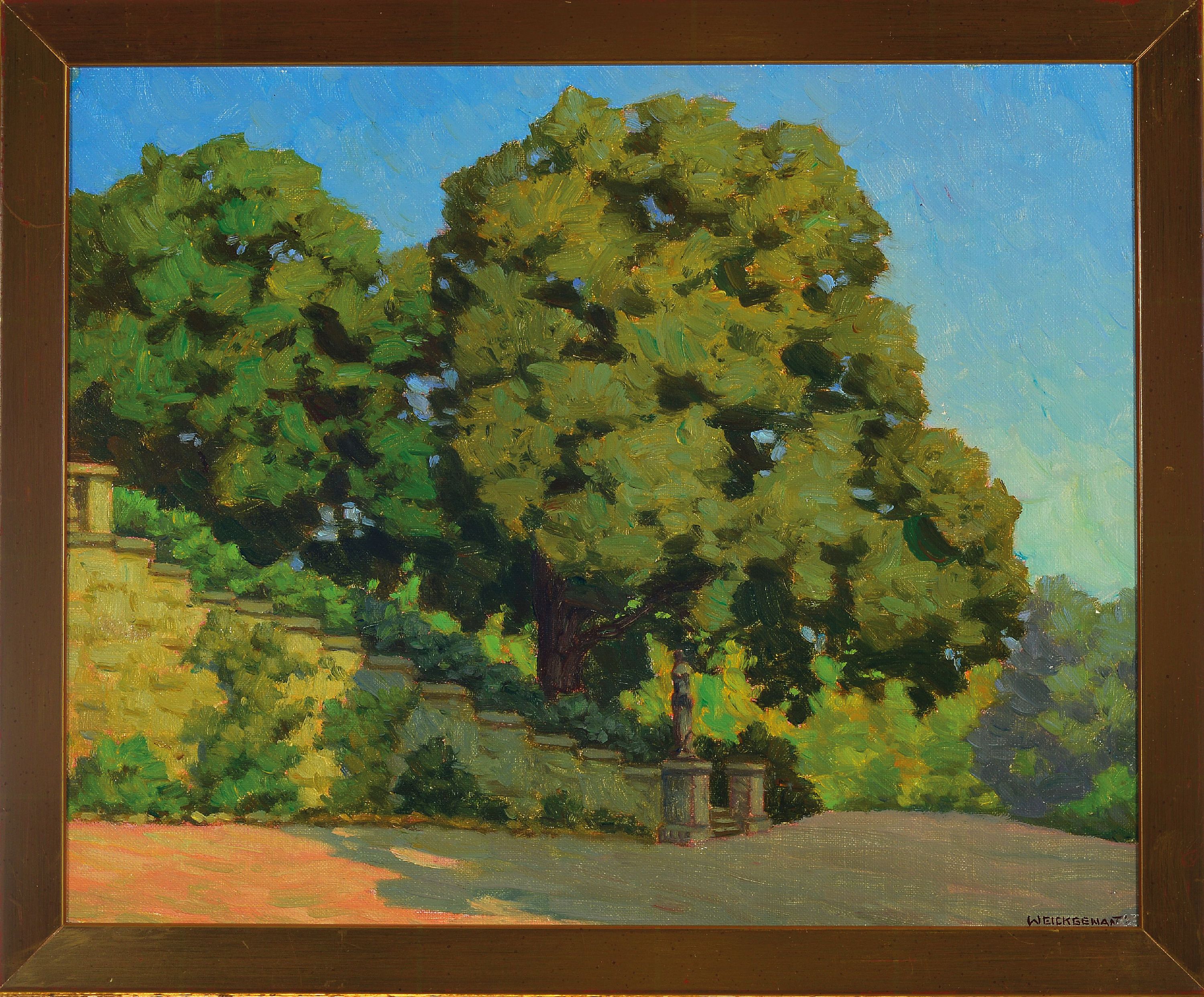 Detail k: Karl Weickgenannt, 1896 Karlsruhe-1976, Baum bestandener Treppenaufgang, rückseitig bezeichnet Florenz, Öl/Malkarton, rechts unten sign., ca. ...