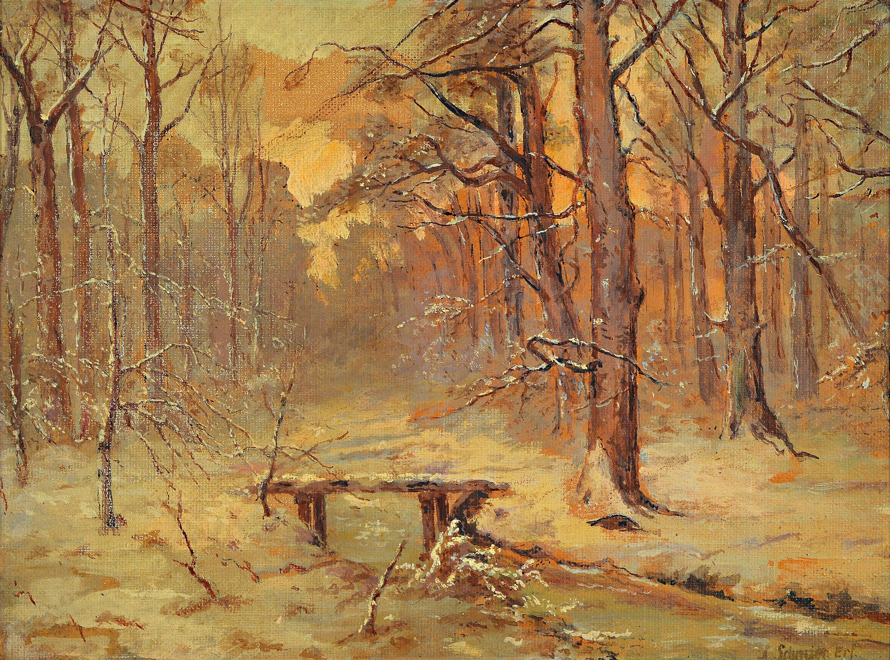 Johanna Schmidt, geb. 1893 Würsen, Studium an der Akademie Leipzig, war ansässig in Erfurt, hier: verschneiter Winterwald im Abendrot, ...