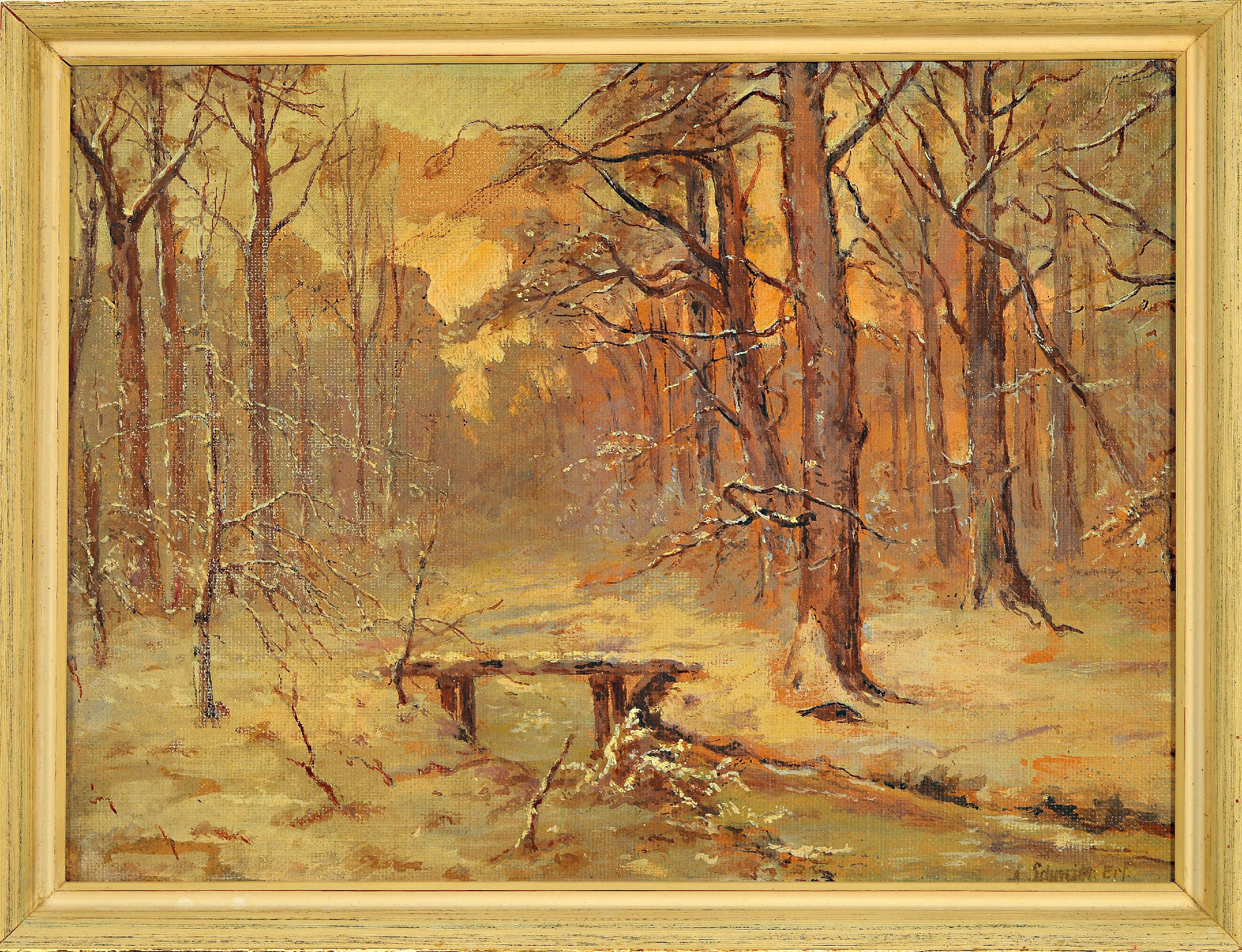 Detail k: Johanna Schmidt, geb. 1893 Würsen, Studium an der Akademie Leipzig, war ansässig in Erfurt, hier: verschneiter Winterwald im Abendrot, ...