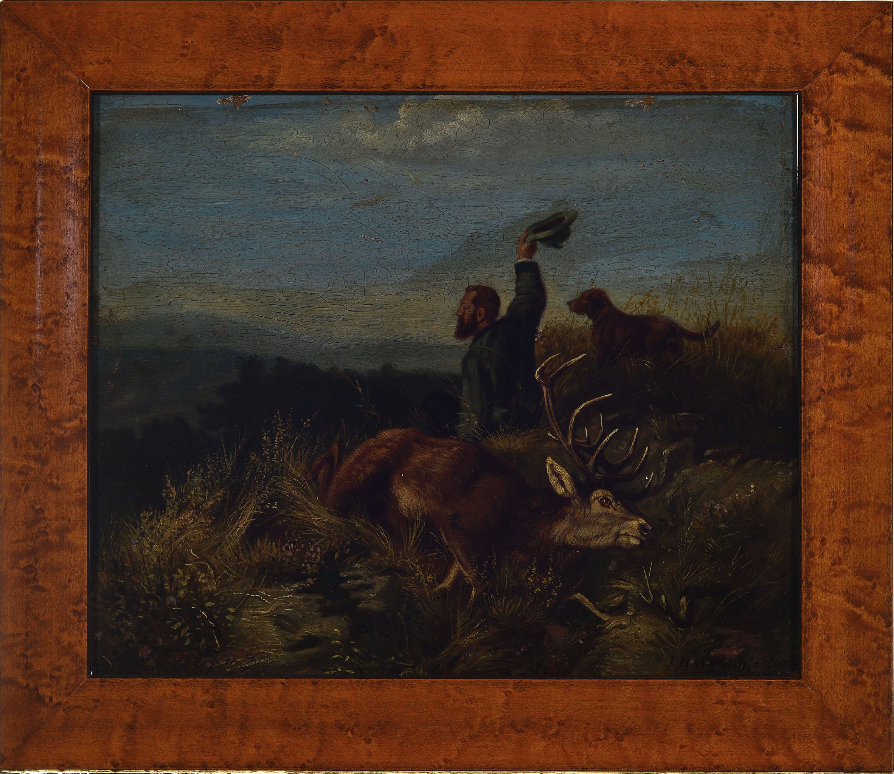 Detail a: Zuschreibung: Hermann Joseph Havenith, Jäger neben einem erlegten Hirsch, seinen Kollegen ein Zeichen gebend, Öl/Holz, rechts unten sign., dat. ...