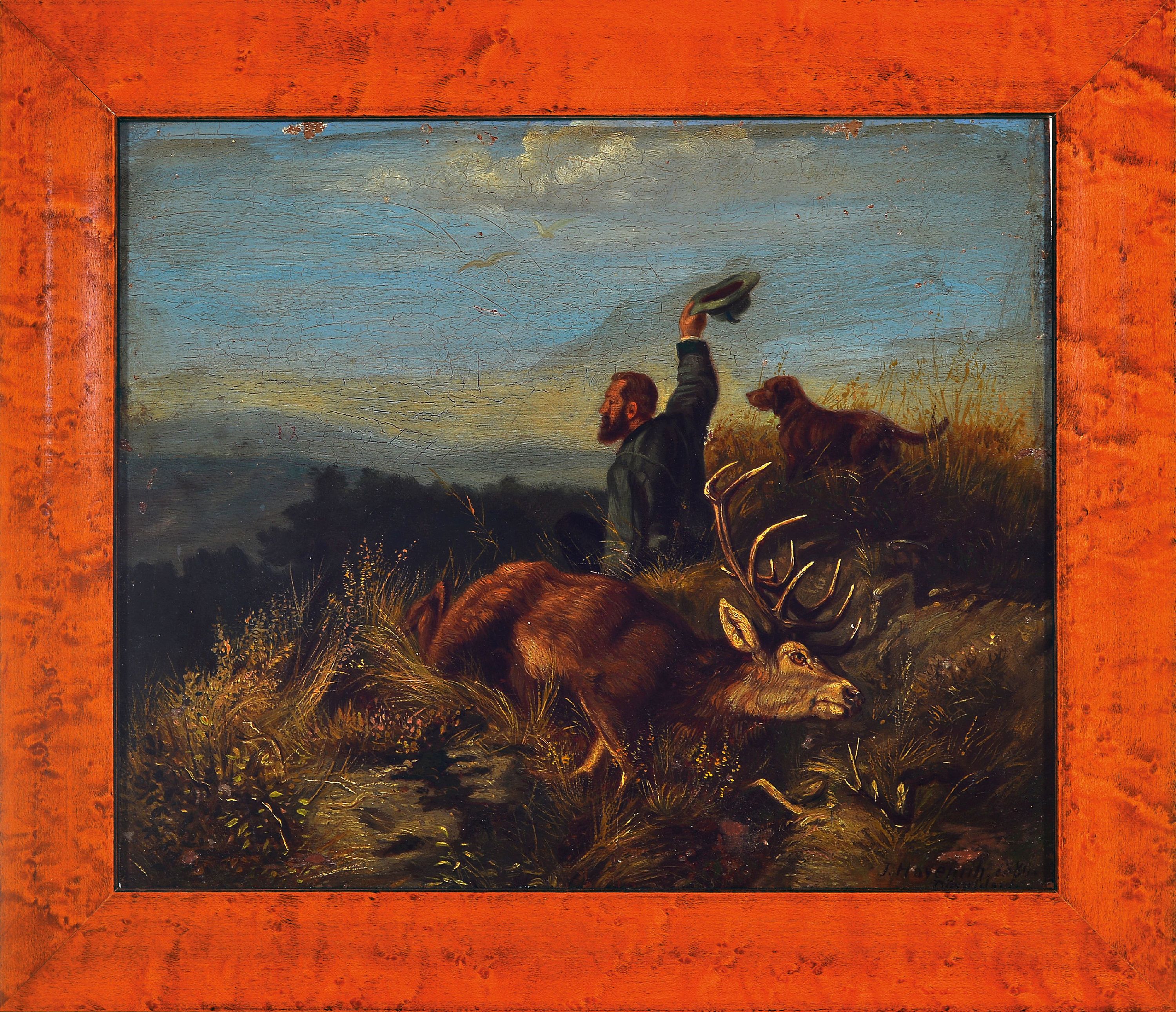 Detail k: Zuschreibung: Hermann Joseph Havenith, Jäger neben einem erlegten Hirsch, seinen Kollegen ein Zeichen gebend, Öl/Holz, rechts unten sign., dat. ...