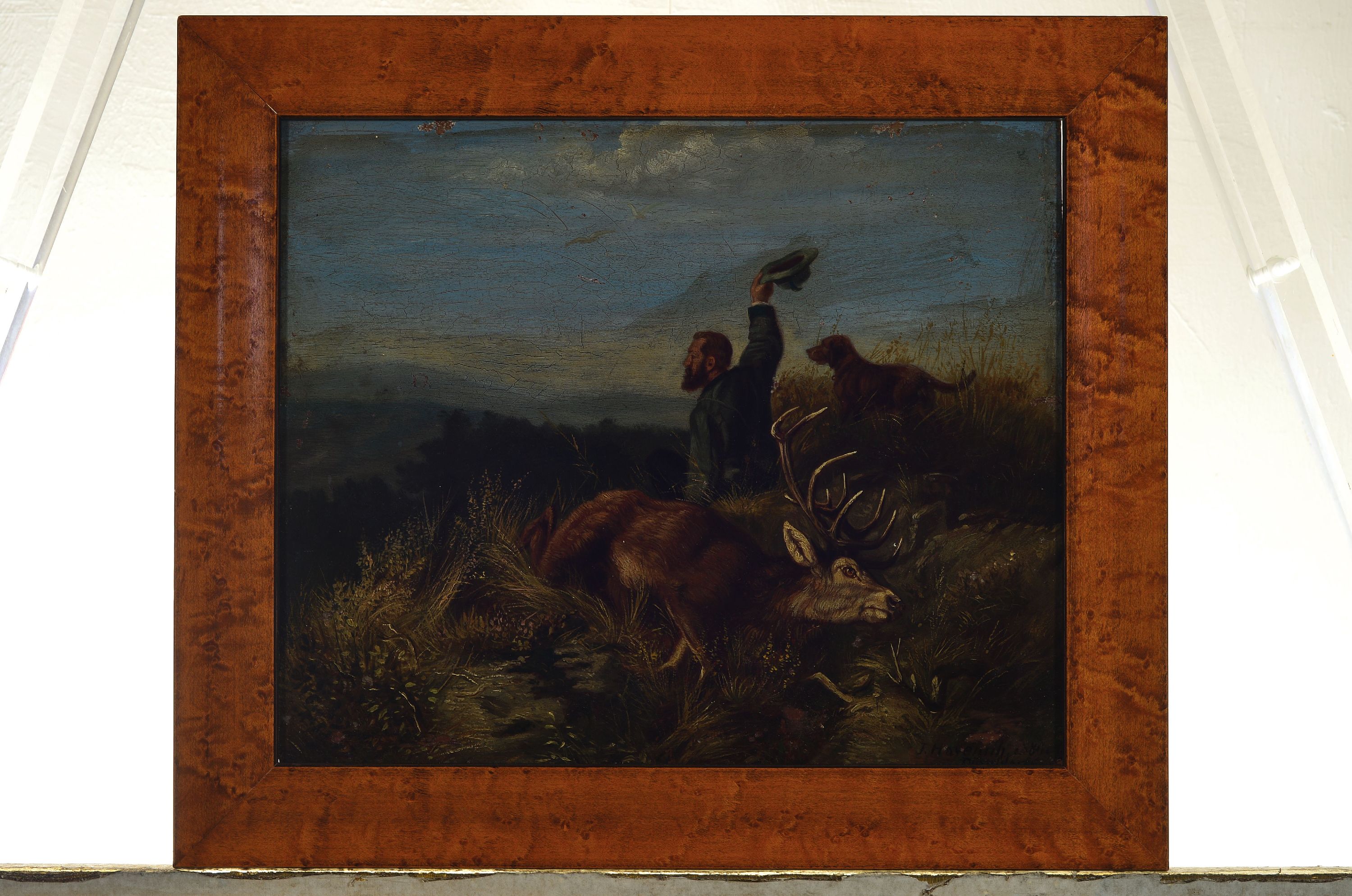 Detail l: Zuschreibung: Hermann Joseph Havenith, Jäger neben einem erlegten Hirsch, seinen Kollegen ein Zeichen gebend, Öl/Holz, rechts unten sign., dat. ...