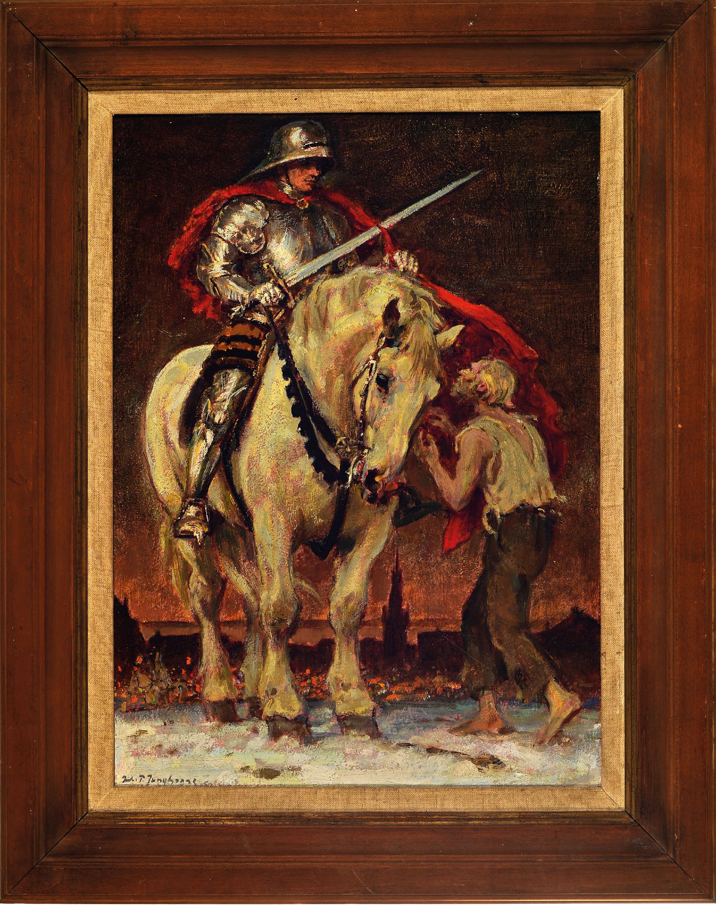Detail k: Julius Paul Junghanns, 1876 Wien-1958 Düsseldorf, St. Martin und der Bettler vor der Stadtkulisse Düsseldorfs, Öl/Malkarton, links unten signiert, ...