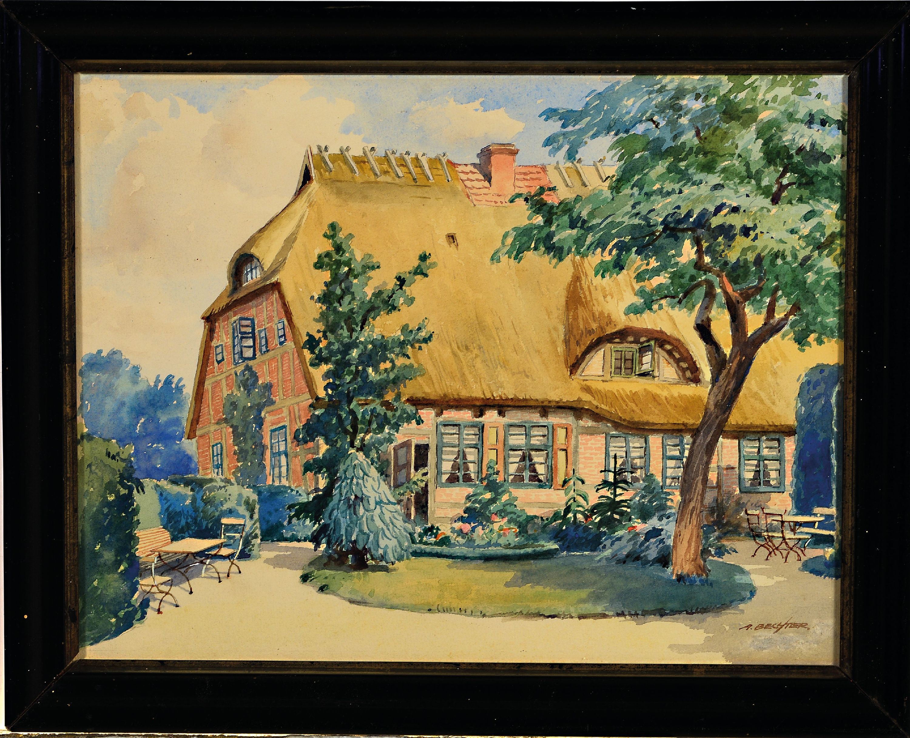 Detail k: August Bechter, 1889-1965 Bad Kreuznach, Blick auf ein Bauernhaus, Aquarell auf Papier,rechts unten sign., ca. 22x29cm, u.Gl., R. ca.28x34cm