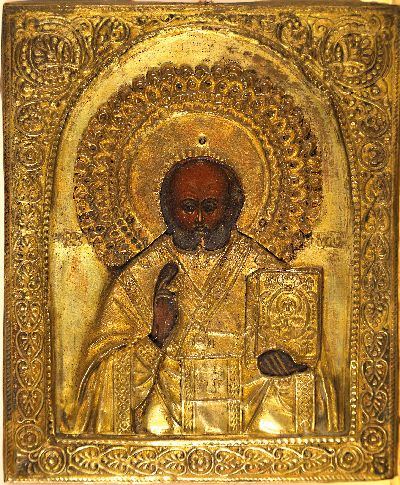 27064215k - Kleine Ikone, Russland, Ende 19. Jh., Hl. Nikolaus, Tempera auf Holz, geprägtes ...