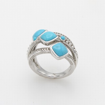 27064220a - Ring mit Türkisen, Silber 925/000, 3-rhg. Optik., 3 Türkiscarrées u. 2 kl. ...