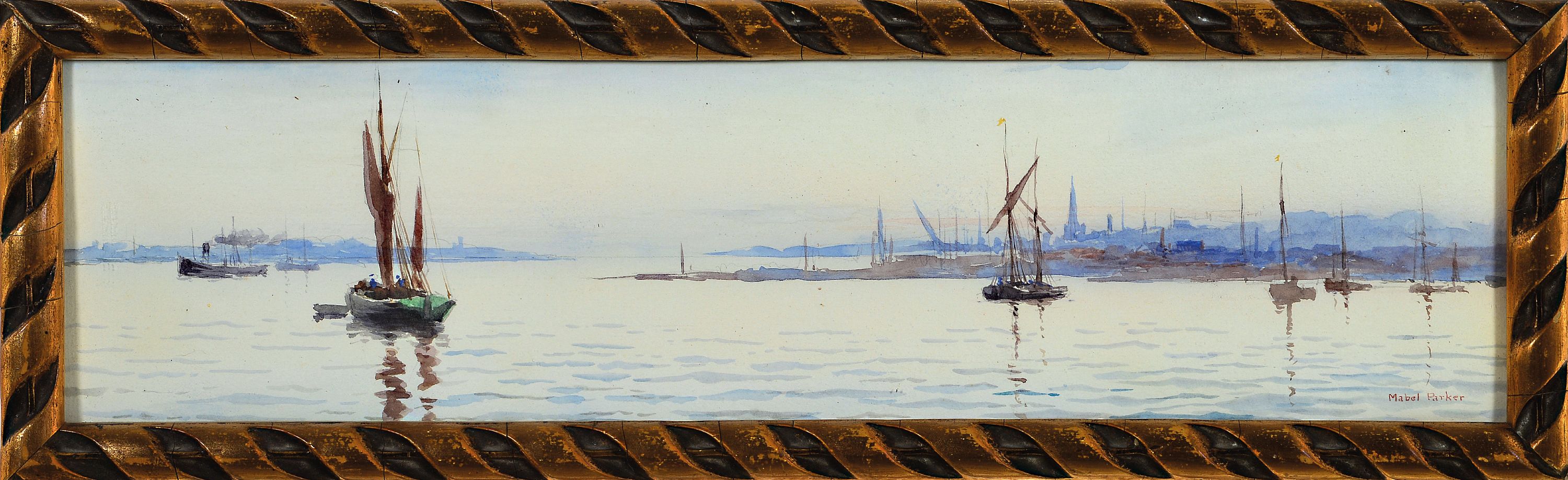 Detail k: Mabel Olive Parker, geb. 1868, Mitglied der Royal Academy London, hier: Segelboote vor der Küste, wohl St. Ives in Cornwall, Aquarell auf Papier, ...