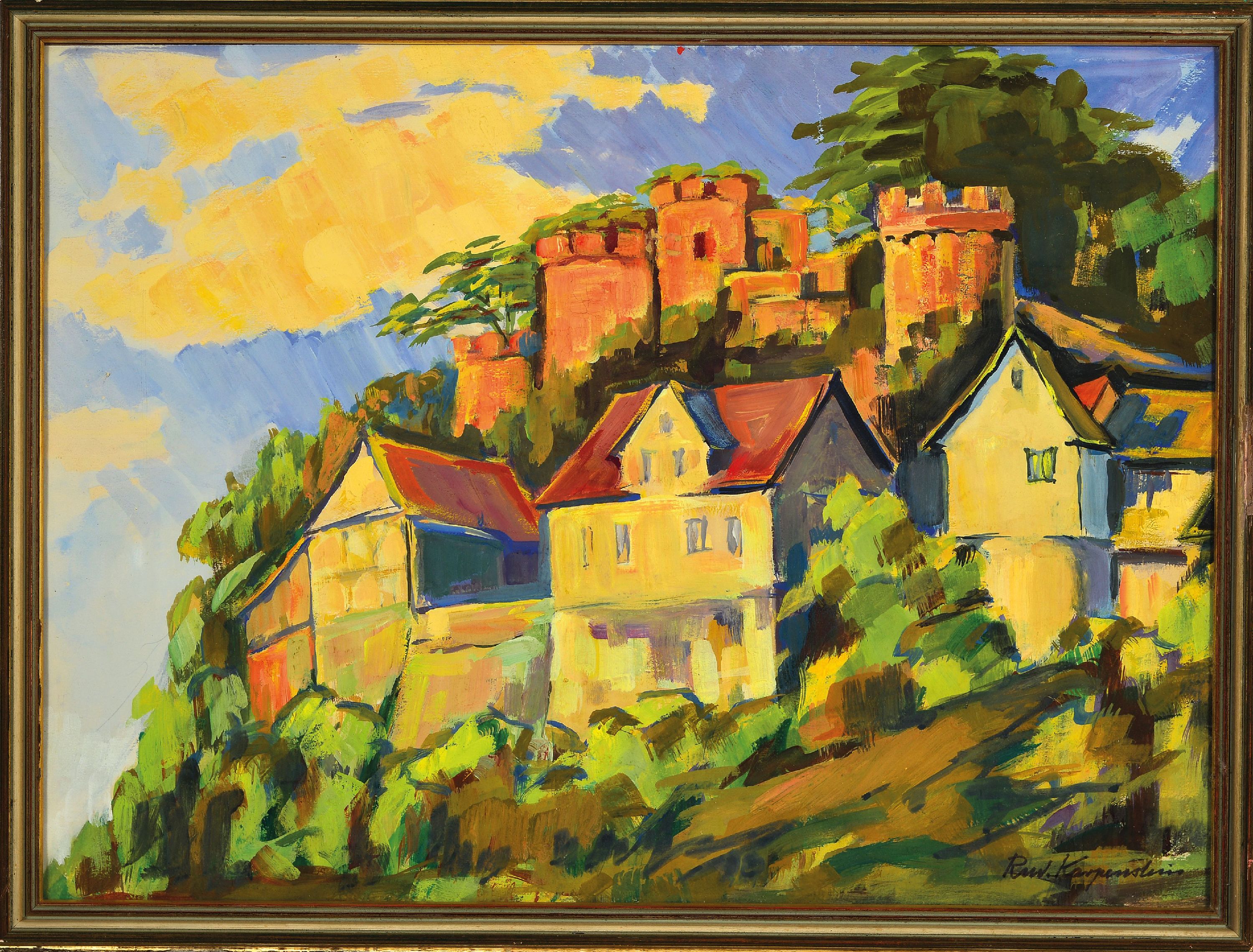 Detail k: Rudolf Karpenstein, 1892-1974 Idar-Oberstein, Burg Daun, Kellenbachtal, Hunsrück, Öl/Tempera auf Papier, rechts unten sign., ca. 39x52cm, u.Gl., R. ...