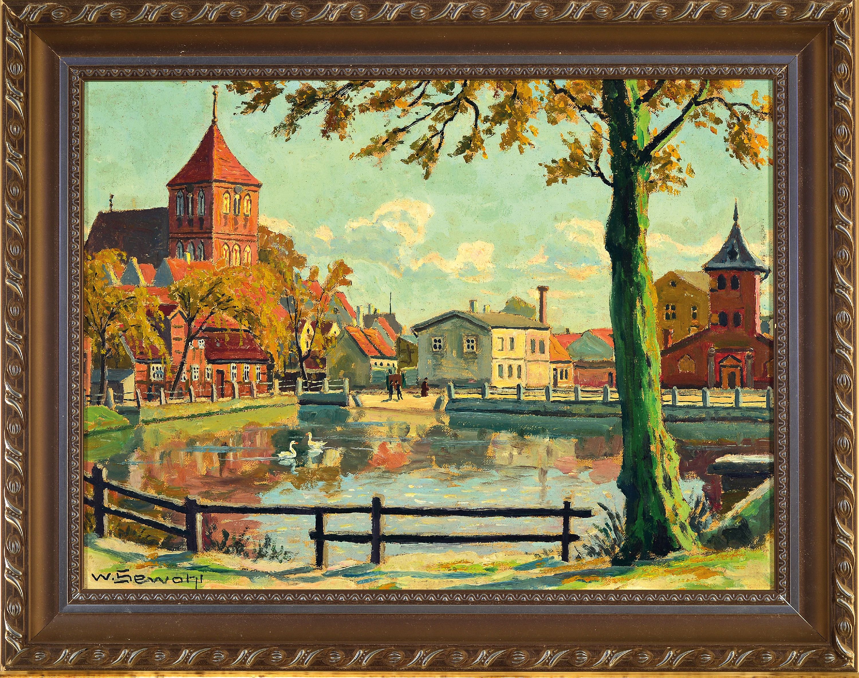 Detail k: Waldemar Sewohl, 1887 Rostock-1967 Berlin, Ansicht aus Teterow Mecklenburg mit Peter und Paul, Öl/Malkarton, links unten sign., ca. 30x40cm, R. ca. ...