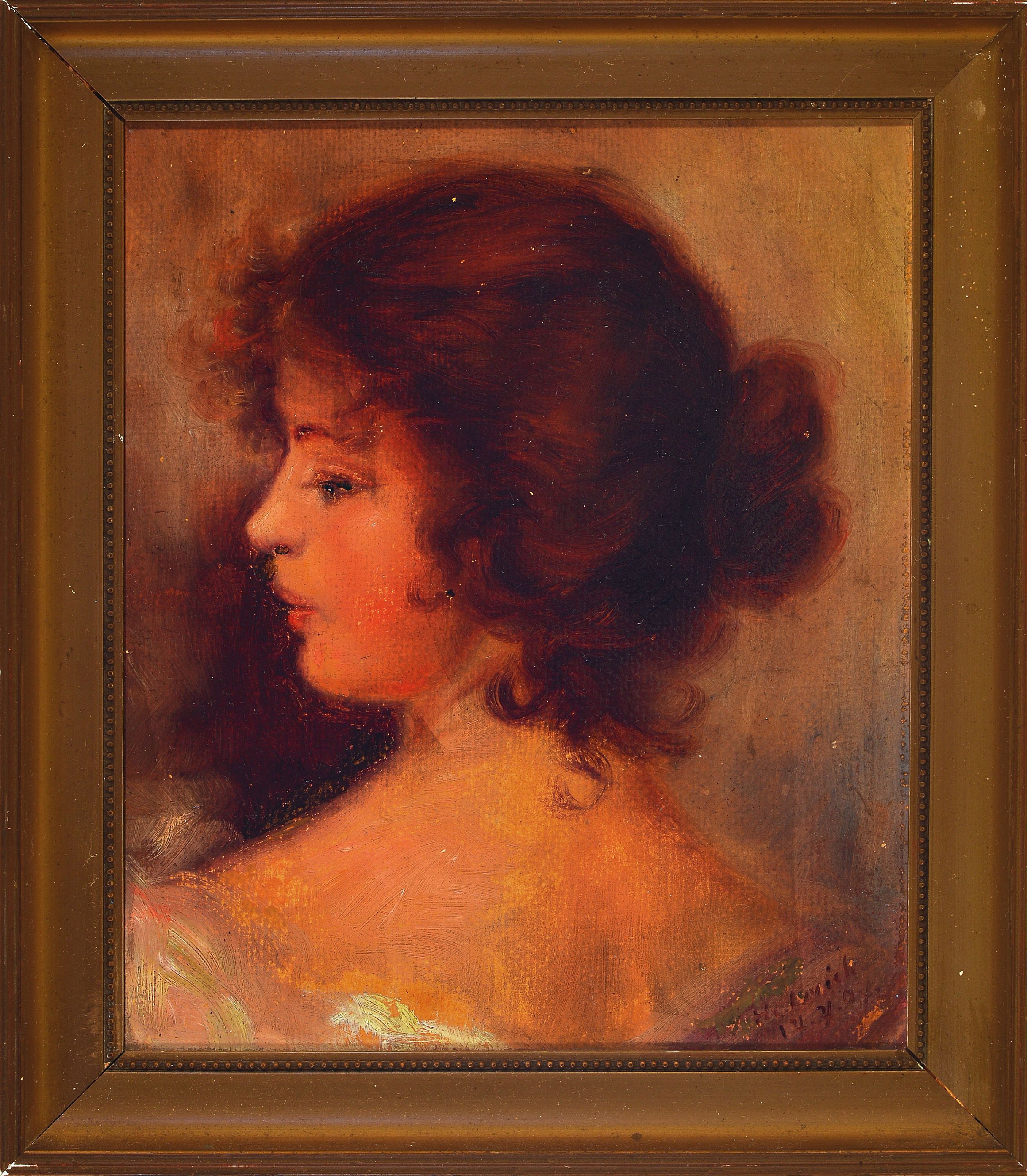 Detail k: Howard Helmick, 1845-1907, Profilporträt einer jungen Frau, Öl/Malkarton, ca. 26x22cm, R. ca. 30x26cm