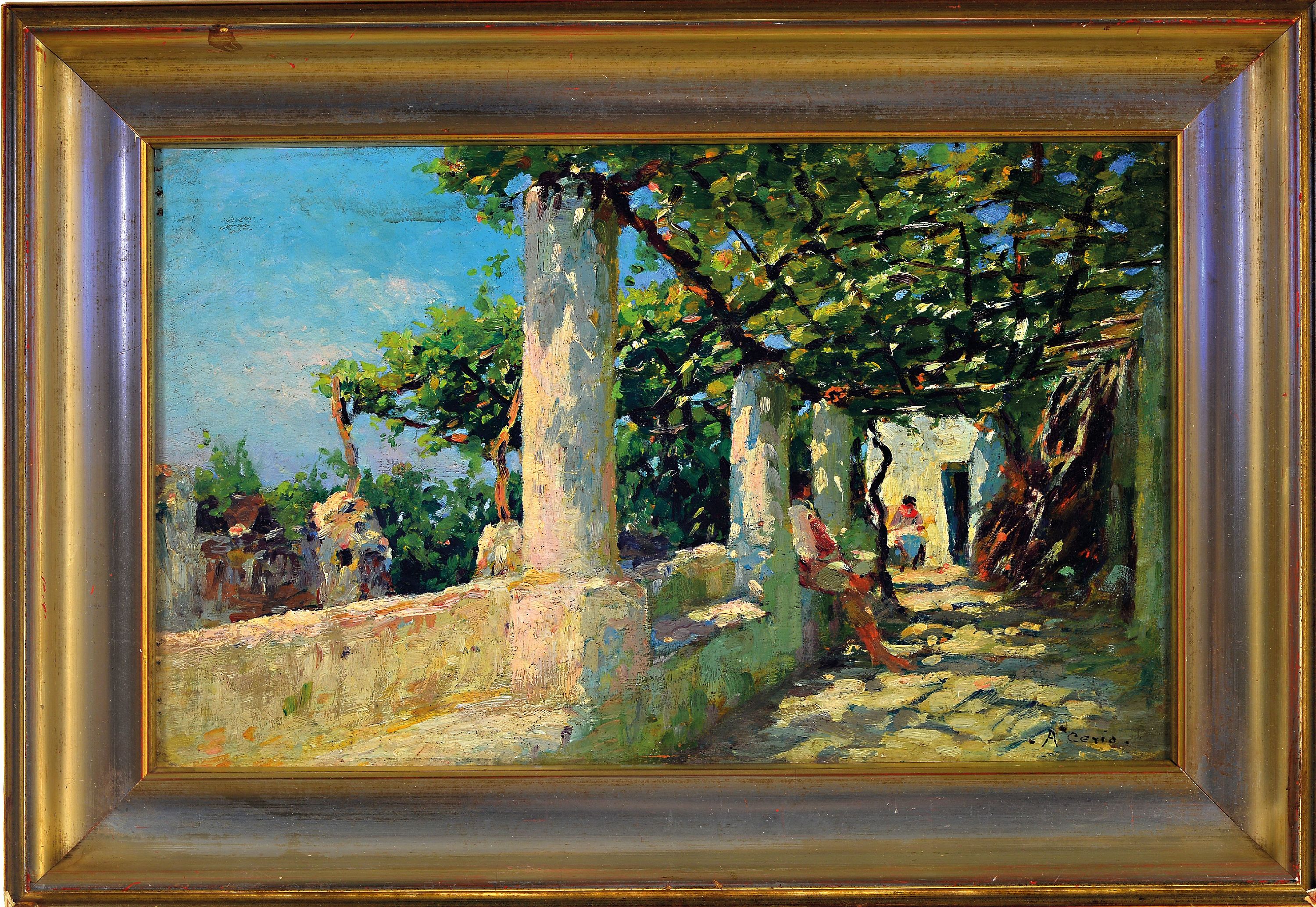 Detail k: Arturo Cerio, 1868-1931, Italien, Personen auf einer beschatteten Terrasse, Öl/Holz, rechts unten signiert, ca. 24x40cm, R. ca. 34x50cm
