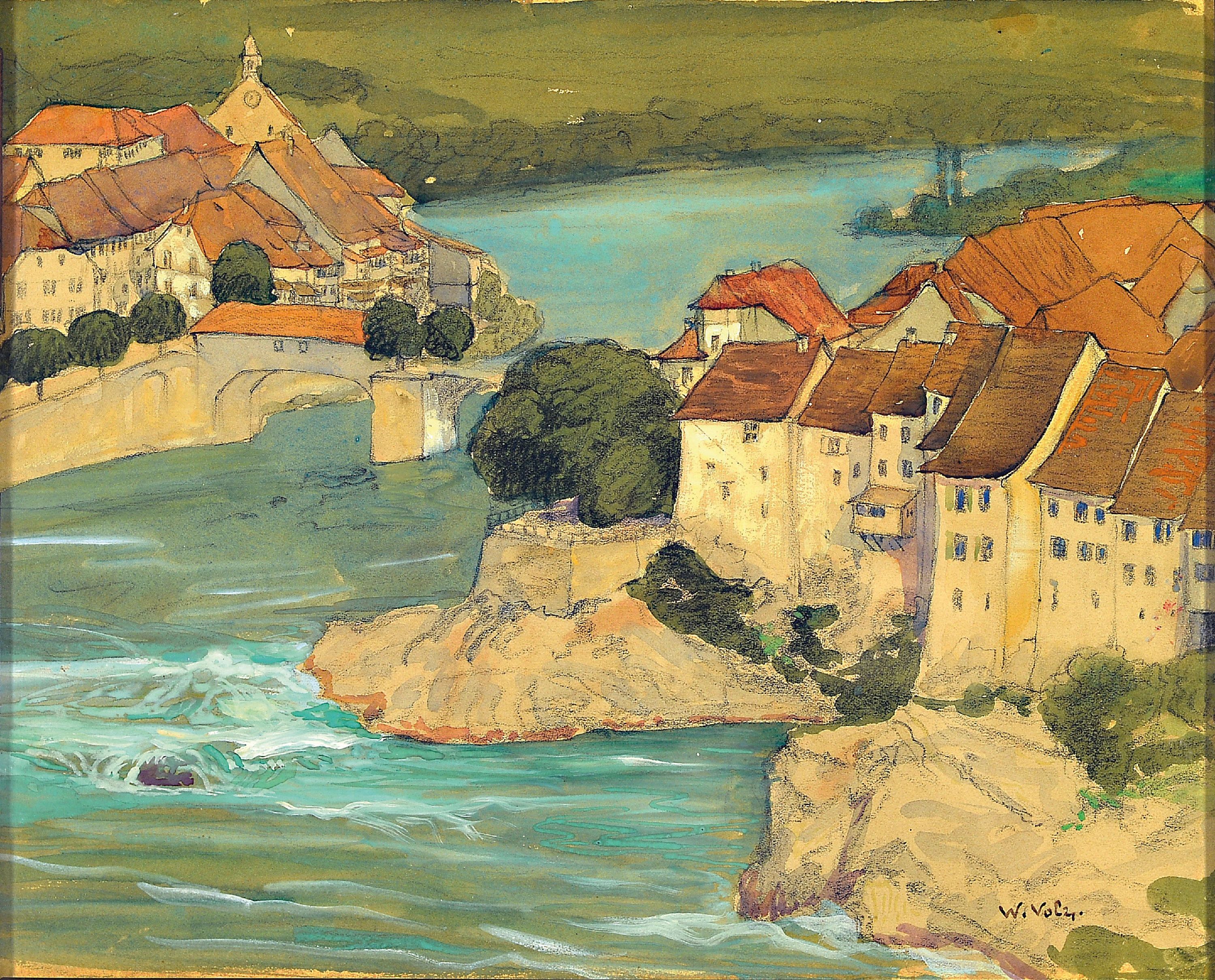 Image 27064549 - Wilhelm Volz, 1877 Mannheim-1926 Karlsruhe, Blick auf Laufenburg, Aquarell und Gouache ...