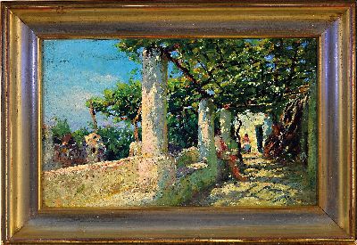 27064539k - Arturo Cerio, 1868-1931, Italy, people on a shaded terrace, oil/wood, signed lower right, ...