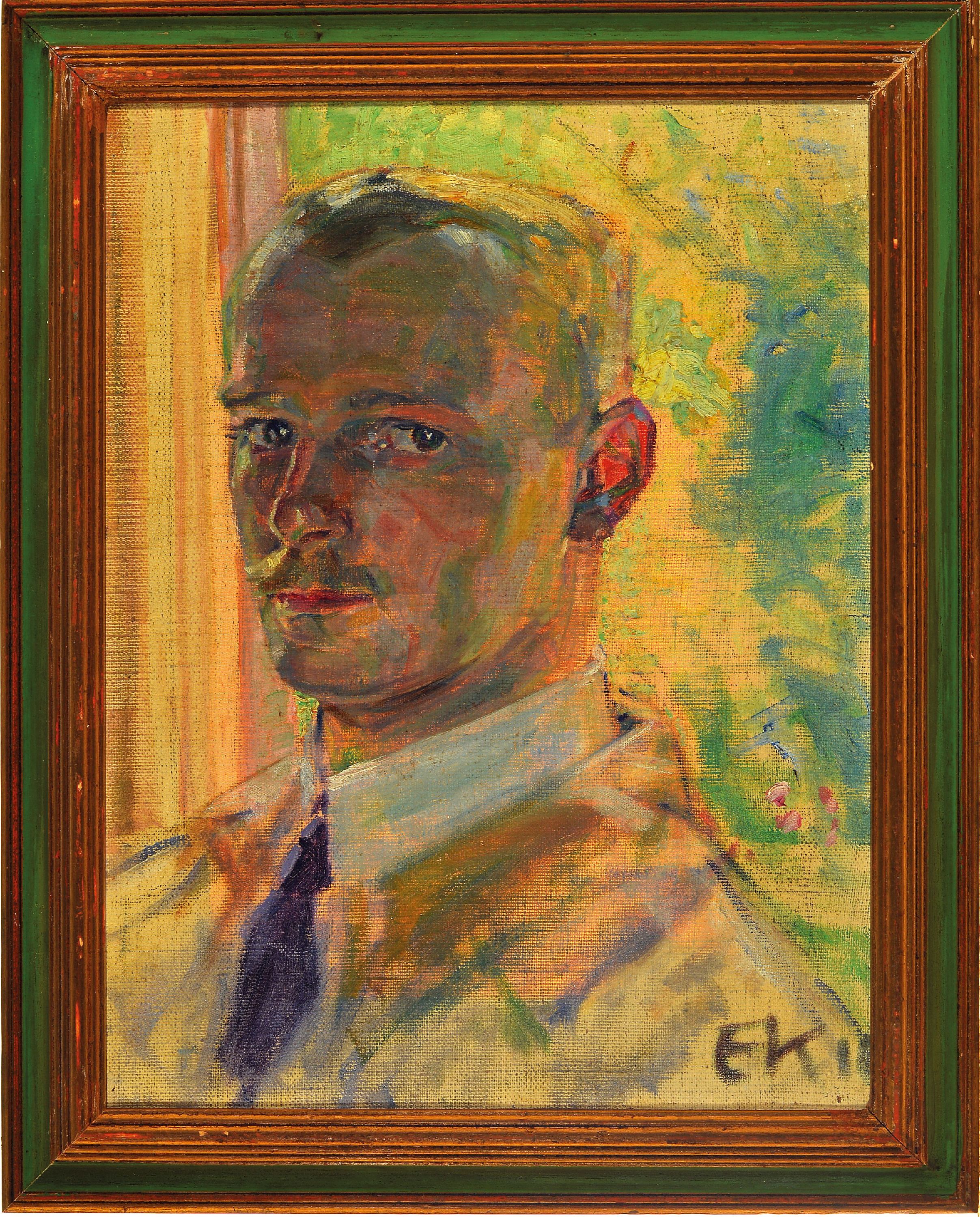 Detail k: Monogrammist EK, datiert (19)11, Porträt eines Mannes, evtl. der Künstler selbst, vor dem Fenster, den Betrachter anschauend, moderne Auffassung, ...