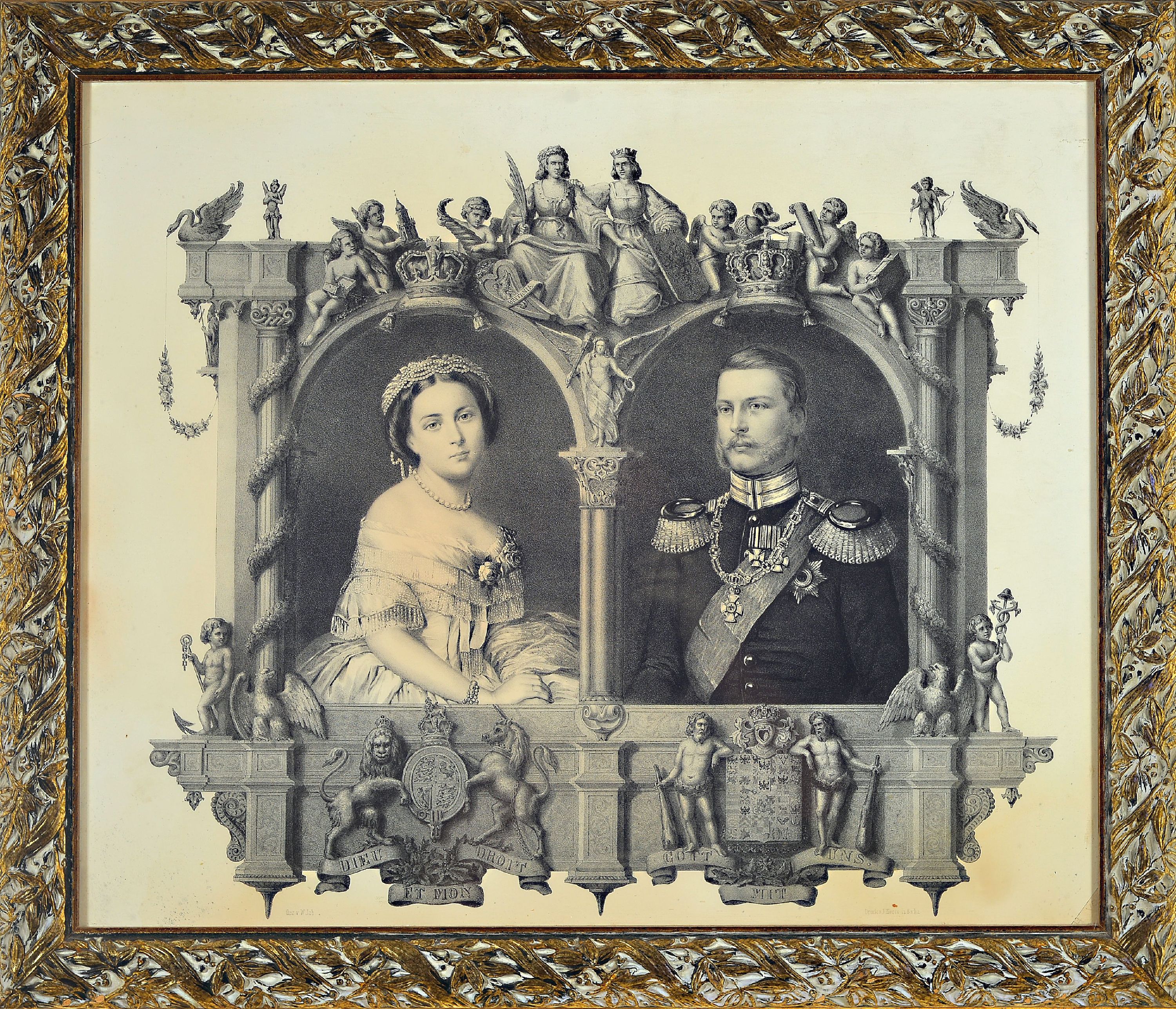Detail k: Lithographie zur Hochzeit des deutschen Kronprinzen Friedrich Wilhelm mit seiner Frau Kronprinzessin Victoria 1858, Doppelporträt in ...