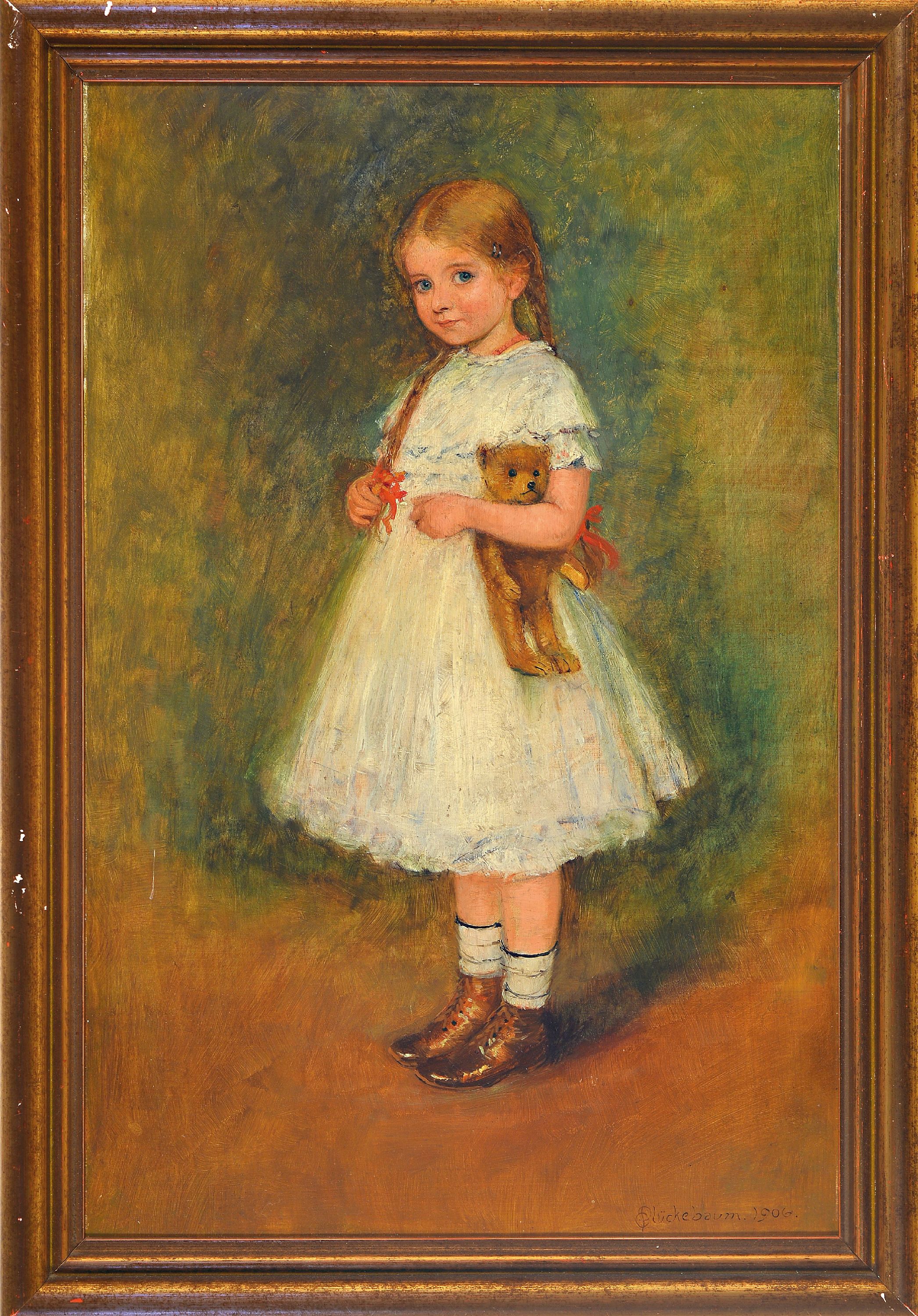 Detail k: Carl Plückebaum, 1880-1952 Düsseldorf, Ganzporträt eines Mädchens, wohl seiner Tochter mit Teddy Bär, Öl/Holz, rechts unten signiert und dat. ...