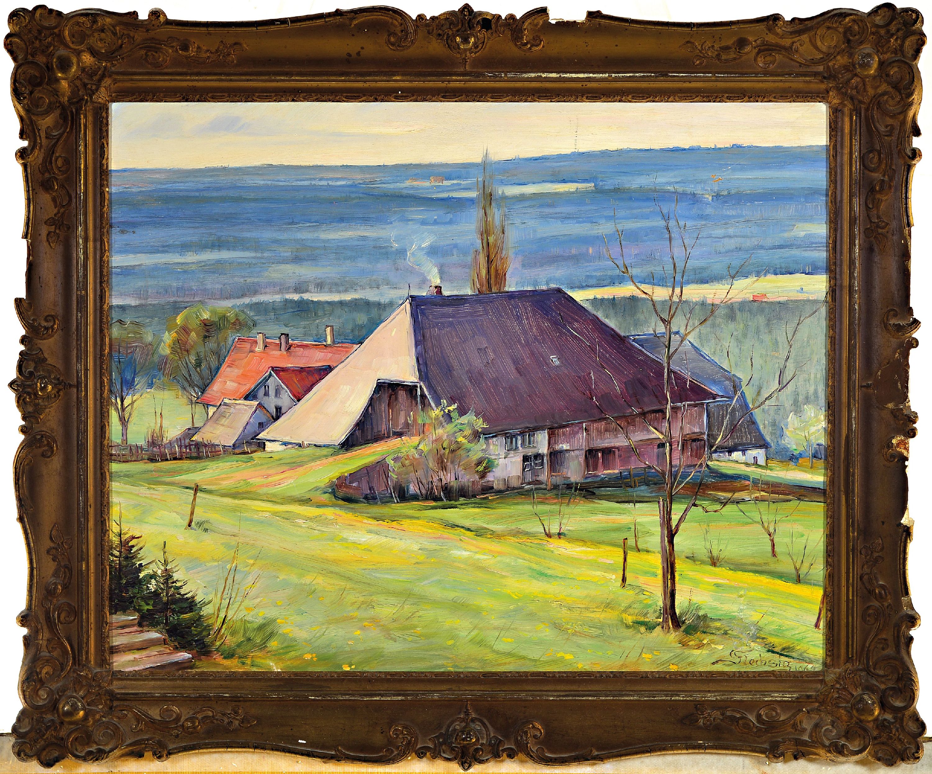 Detail k: Max Flechsig, Maler aus Mülheim/Ruhr, 20. Jh., Blick auf ein Bauernhaus, Öl/Hartfaser, rechts unten sign. und dat. 1969, ca. 48x60cm, R. ca. 60x72cm