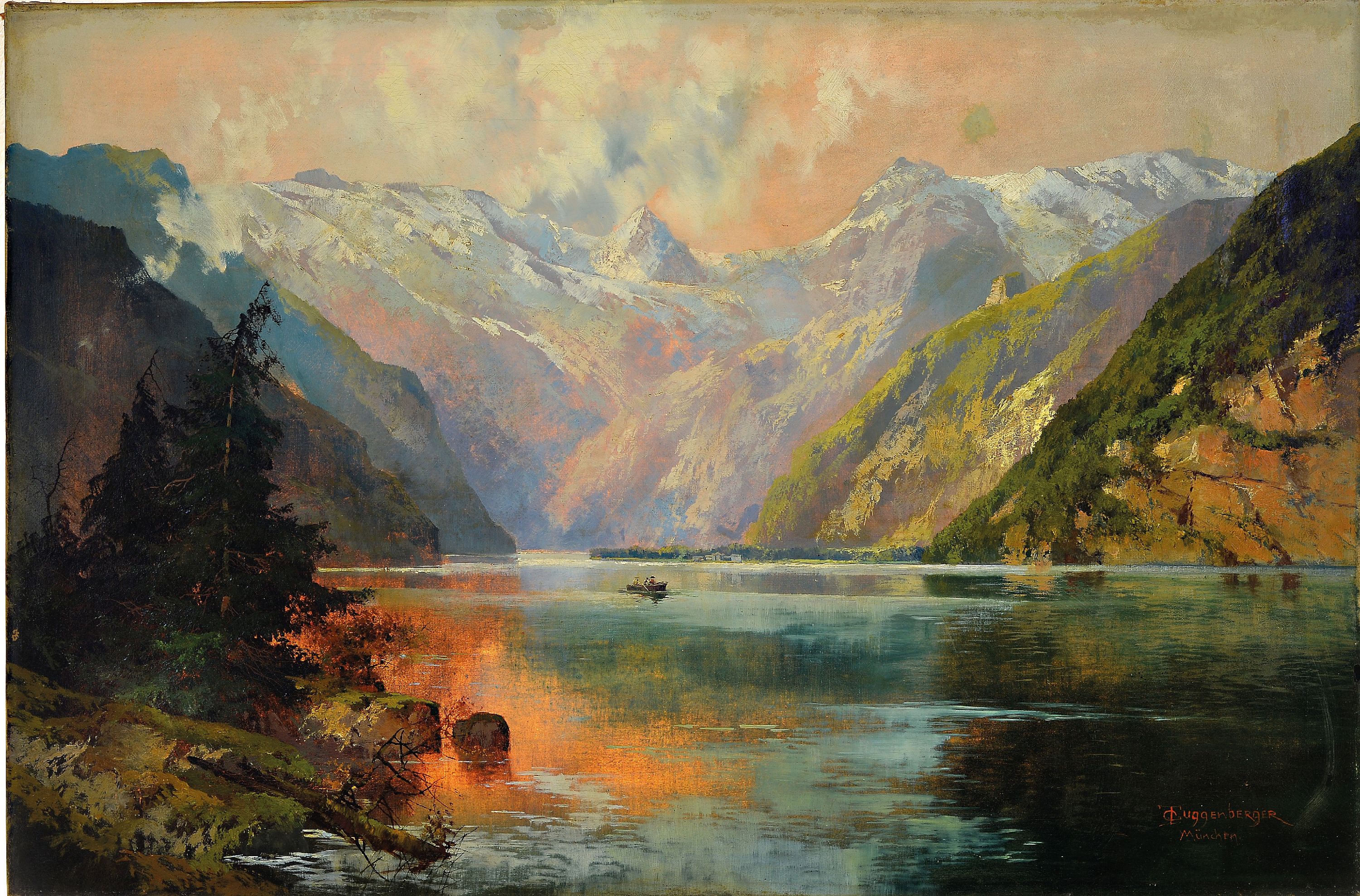 Detail k: Theodor Otto Michael Guggenberger, 1866-1929 München, Partie am Königsee, mittig Ruderer, im Hintergrund St. Bartholomä, Öl/Lwd, rest., rechts ...