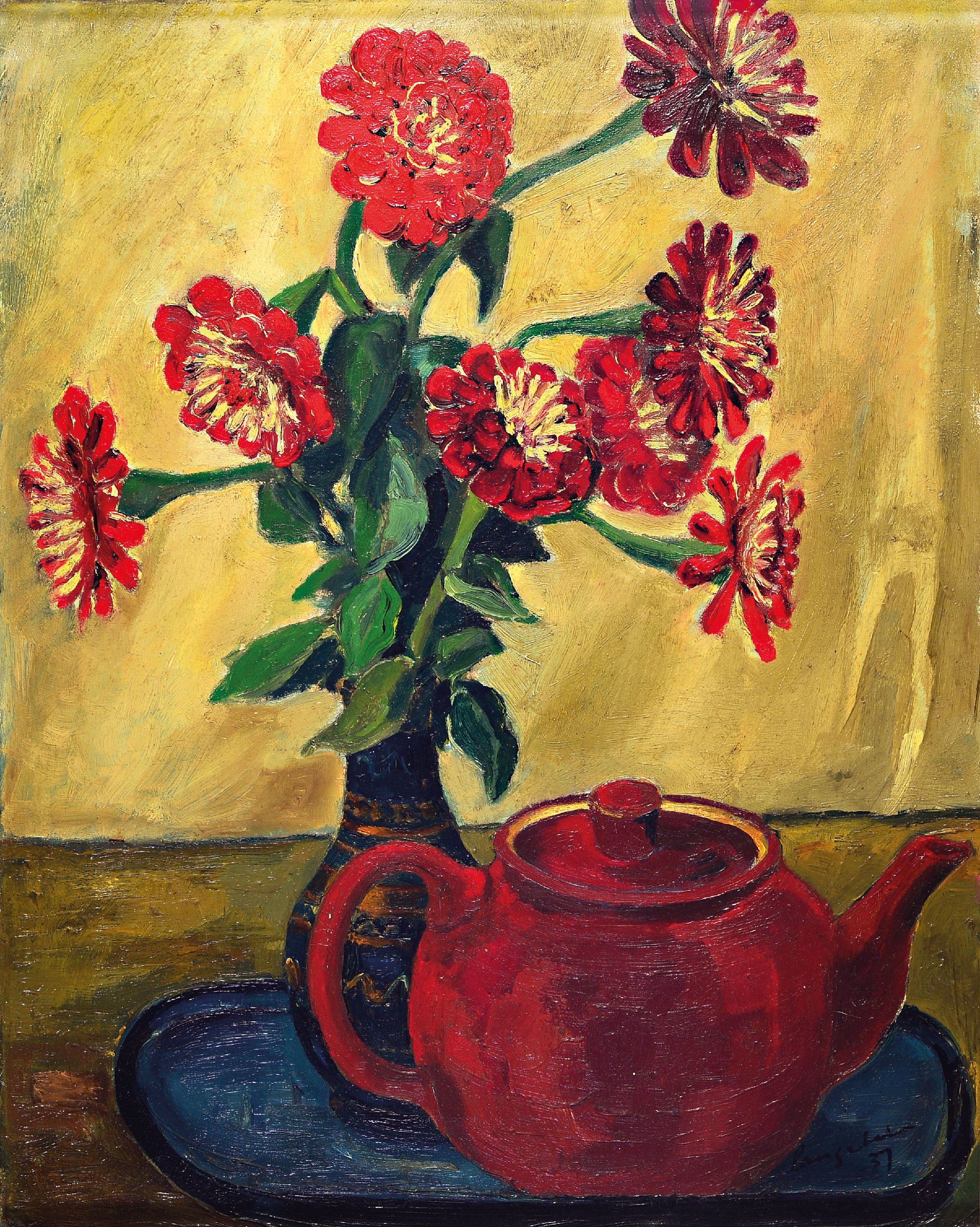 Image 27064896 - Ungedeuteter Künstler, datiert 1937, Stillleben mit Päonien und roter Kanne in ...