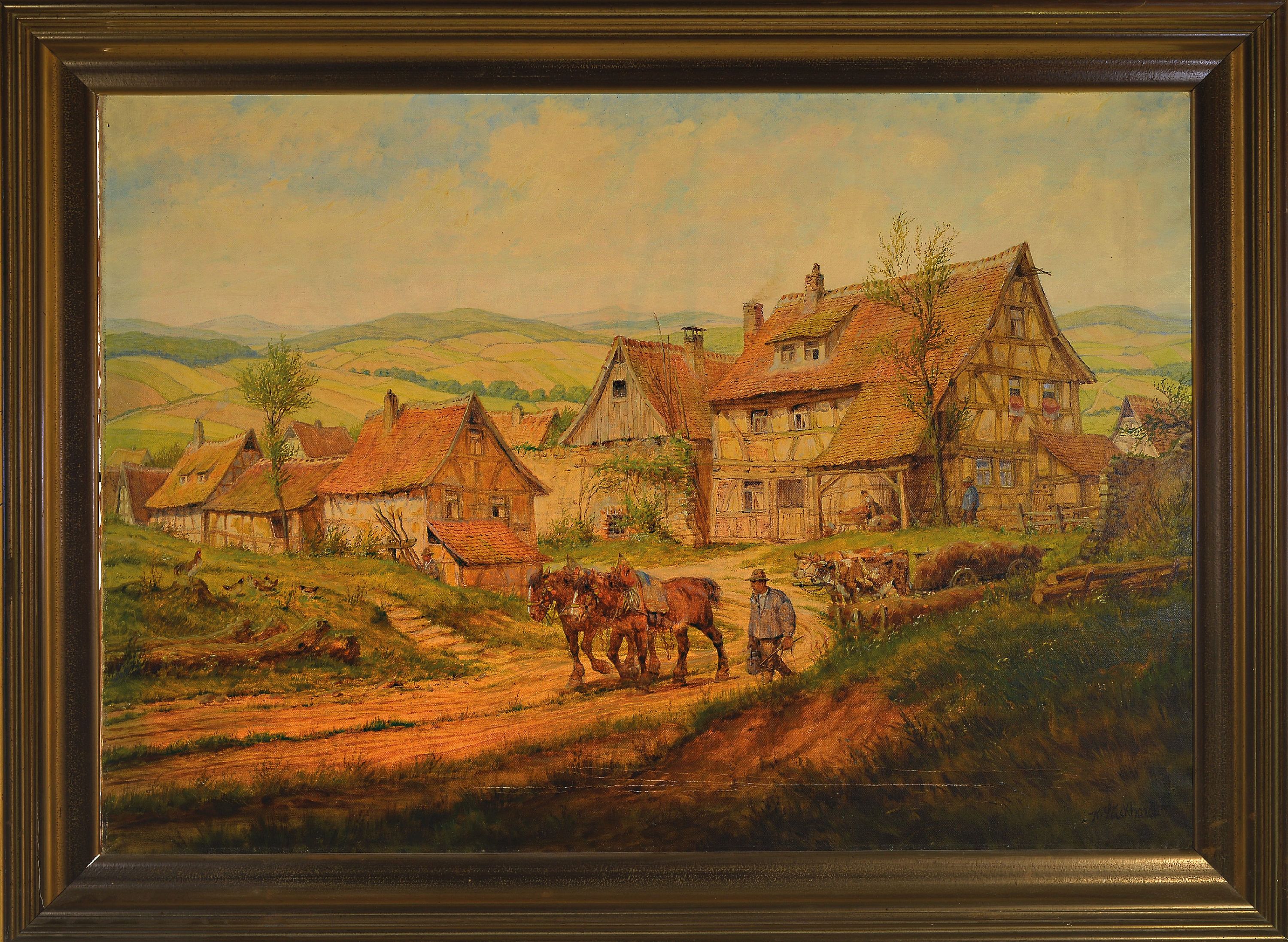 Detail k: Karl Luckhardt, 1886-1970 Frankfurt am Main, Blick auf ein Dorf mit Fachwerkhäusern, Fuhrwerken und arbeitenden Menschen, Öl/Lwd, rechts unten ...