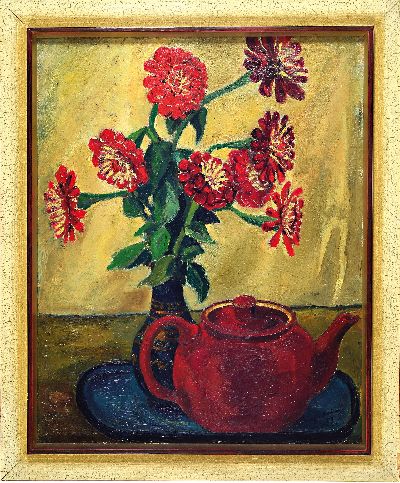 27064896k - Ungedeuteter Künstler, datiert 1937, Stillleben mit Päonien und roter Kanne in ...