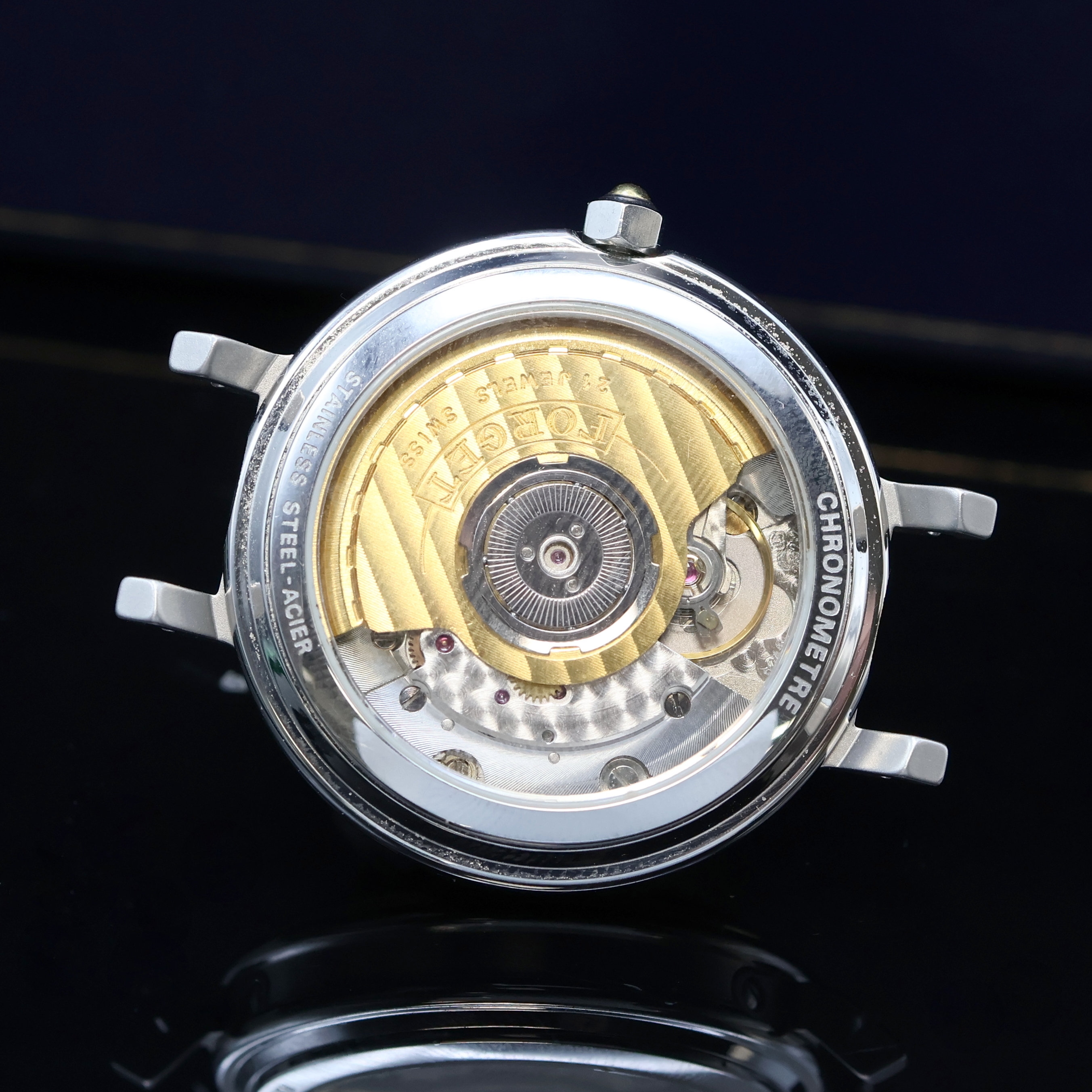 Detail e: FORGET Classic D Chronometer Herrenarmbanduhr Nr. D 246 mit Tag und Datum, Schweiz um 1991, Automatik, aufw., beids. vergl. Gehäuse in Edelstahl u. ...