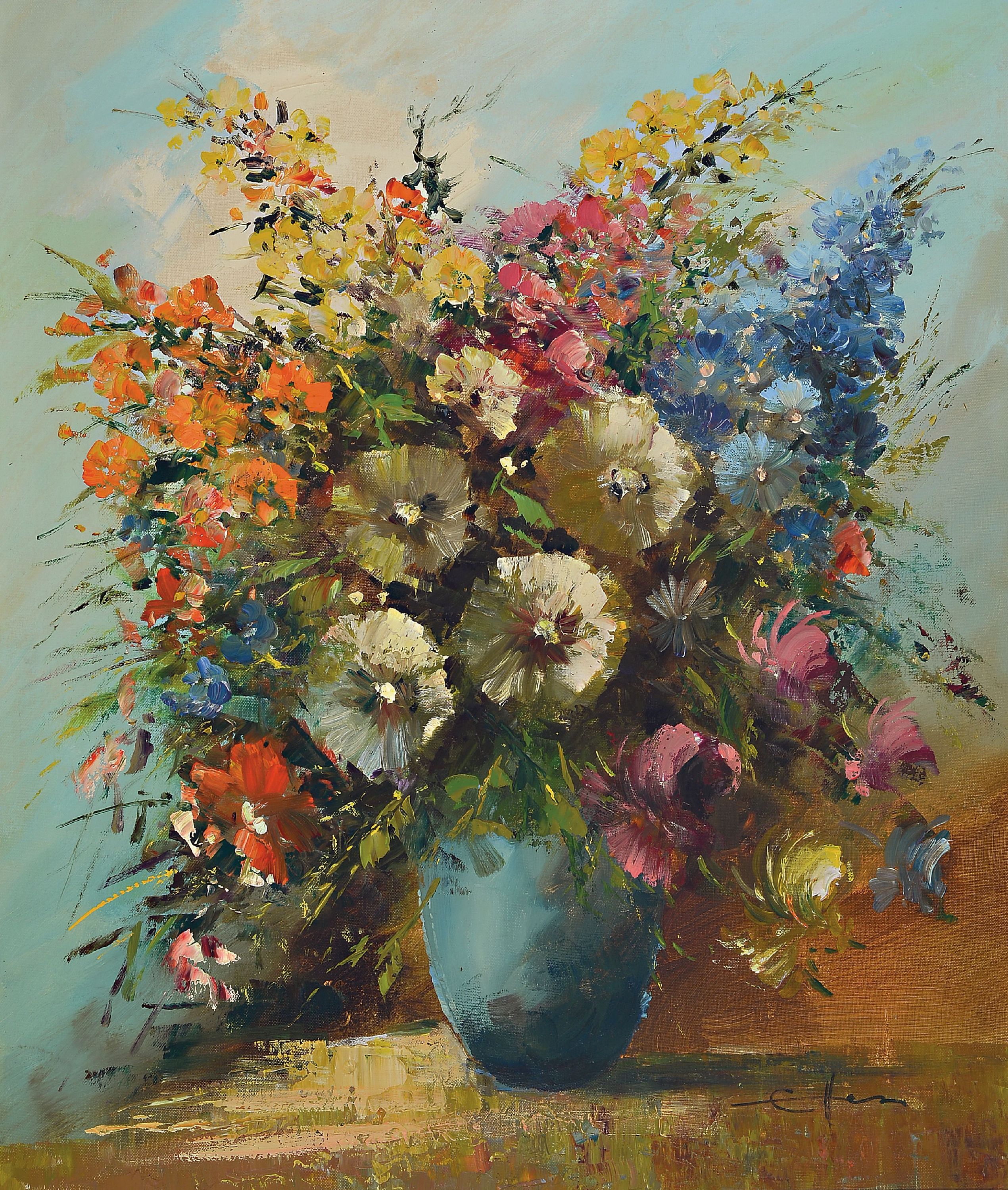 Image 27064940 - Ewald Hess, 1918 Merbelsrod-1995, Üppiges Blumenstillleben, Öl/Lwd, rechts unten ...