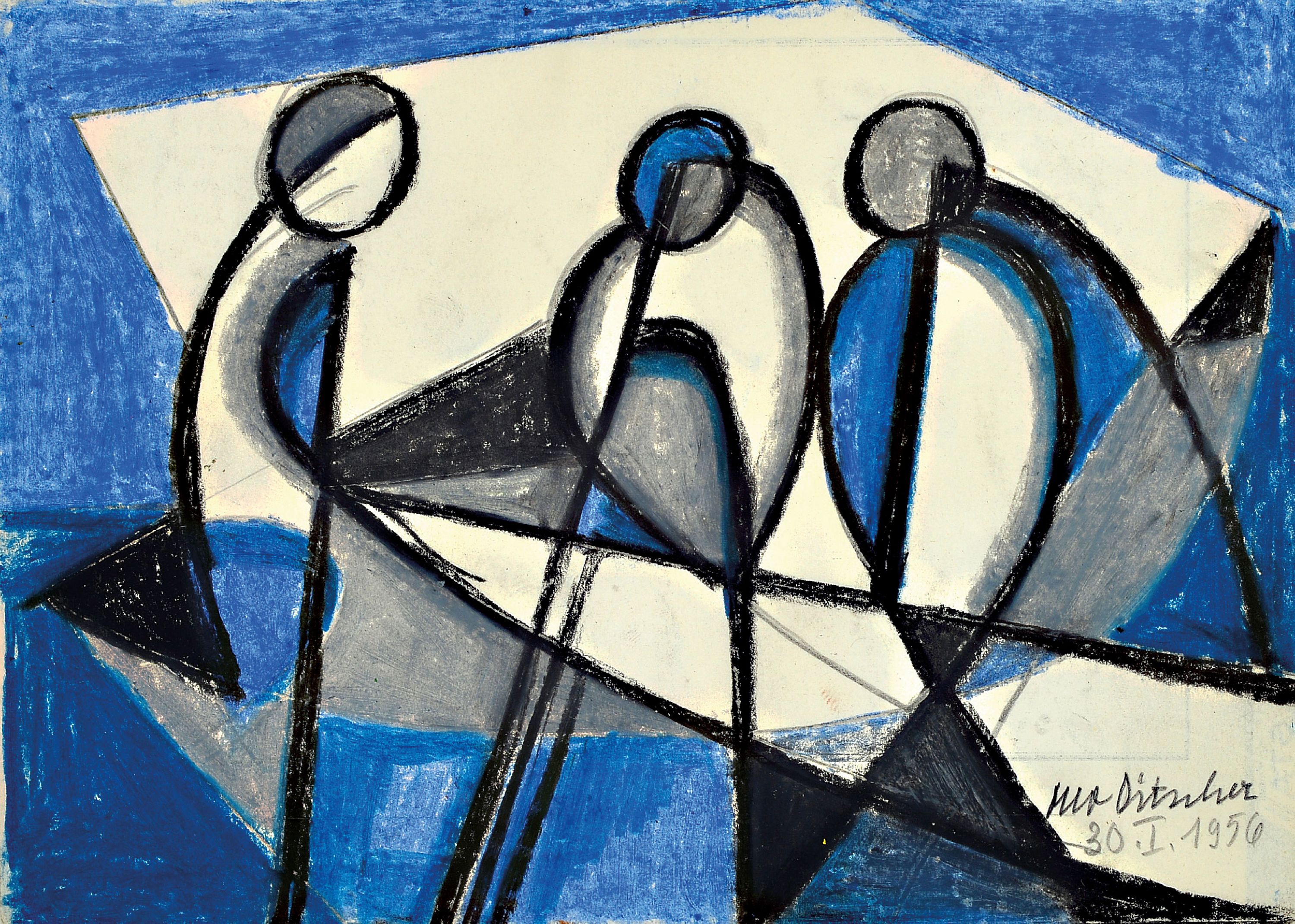 Image 27064942 - Otto Ditscher, 1903-1987 Neuhofen, drei Figuren, Kreidezeichnung, sign. und dat. ...