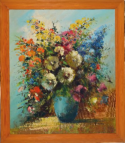 27064940k - Ewald Hess, 1918 Merbelsrod-1995, Üppiges Blumenstillleben, Öl/Lwd, rechts unten ...