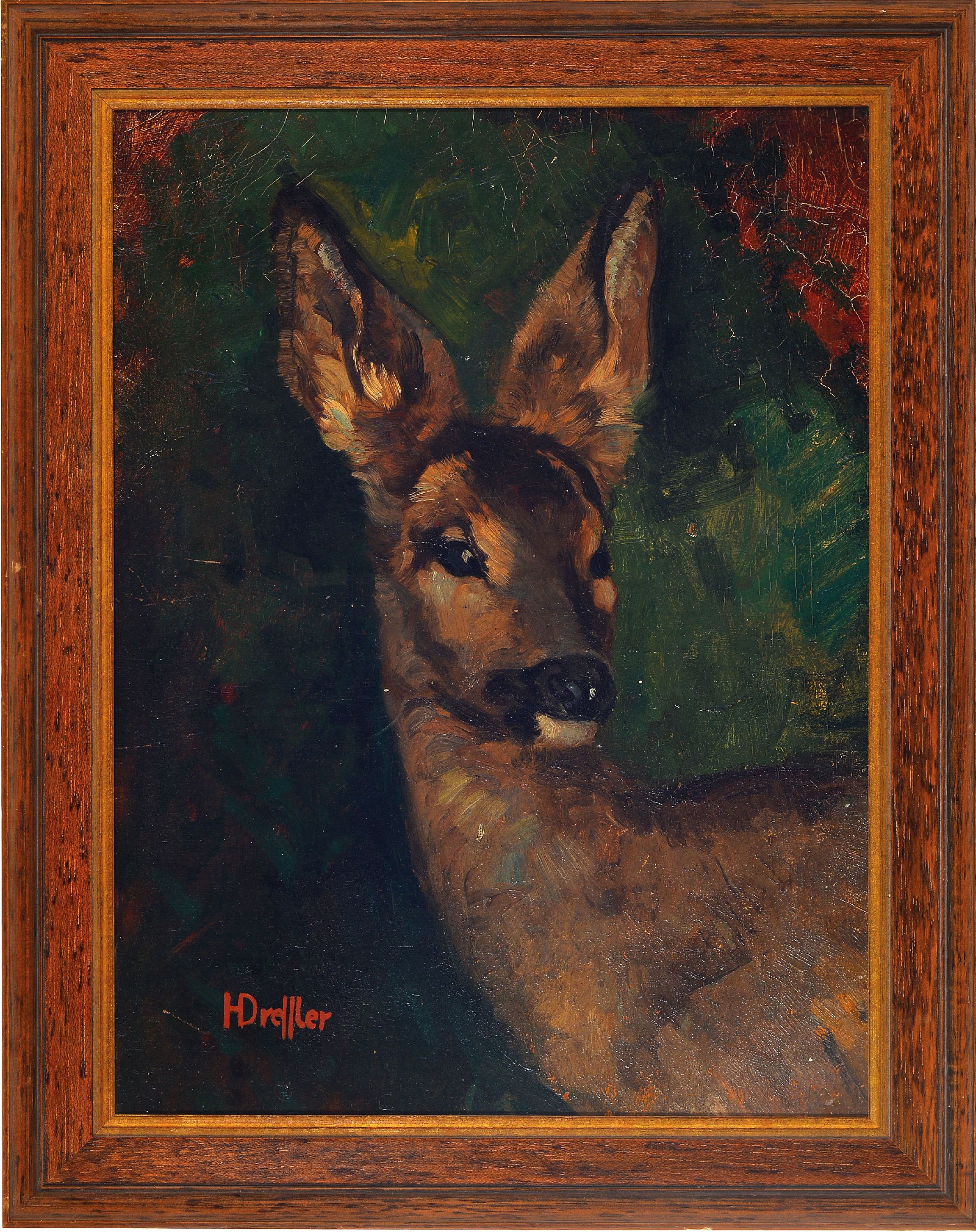 Detail k: Hans Dressler, 1869-1943 Breslau, en face-Bildnis eines Rehs, gute Wiedergabe der Stofflichkeit des Fells, links unten signiert, Öl/Karton, 44x33cm, ...