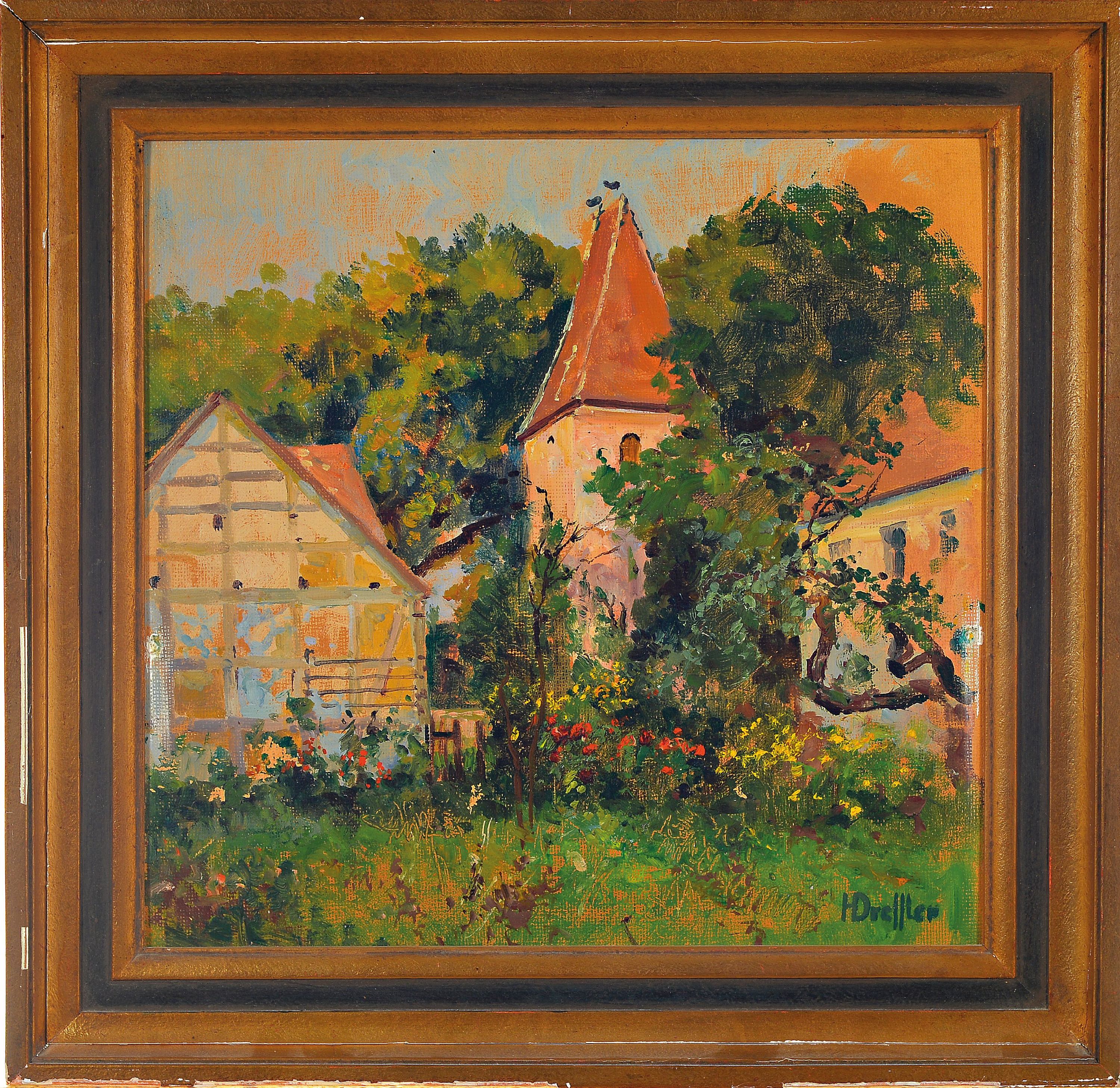 Detail k: Hans Dressler, 1869-1943 Breslau, Dorfansicht mit markantem Kirchenbau, verso datiert 1938, rechts unten signiert, Öl/Holzplatte, 36x36, Rahmen ...