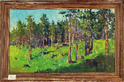 27065247k - Hans Dressler, 1869-1943 Breslau, Waldhang mit Fichten in Sonnenlicht, rechts unten ...