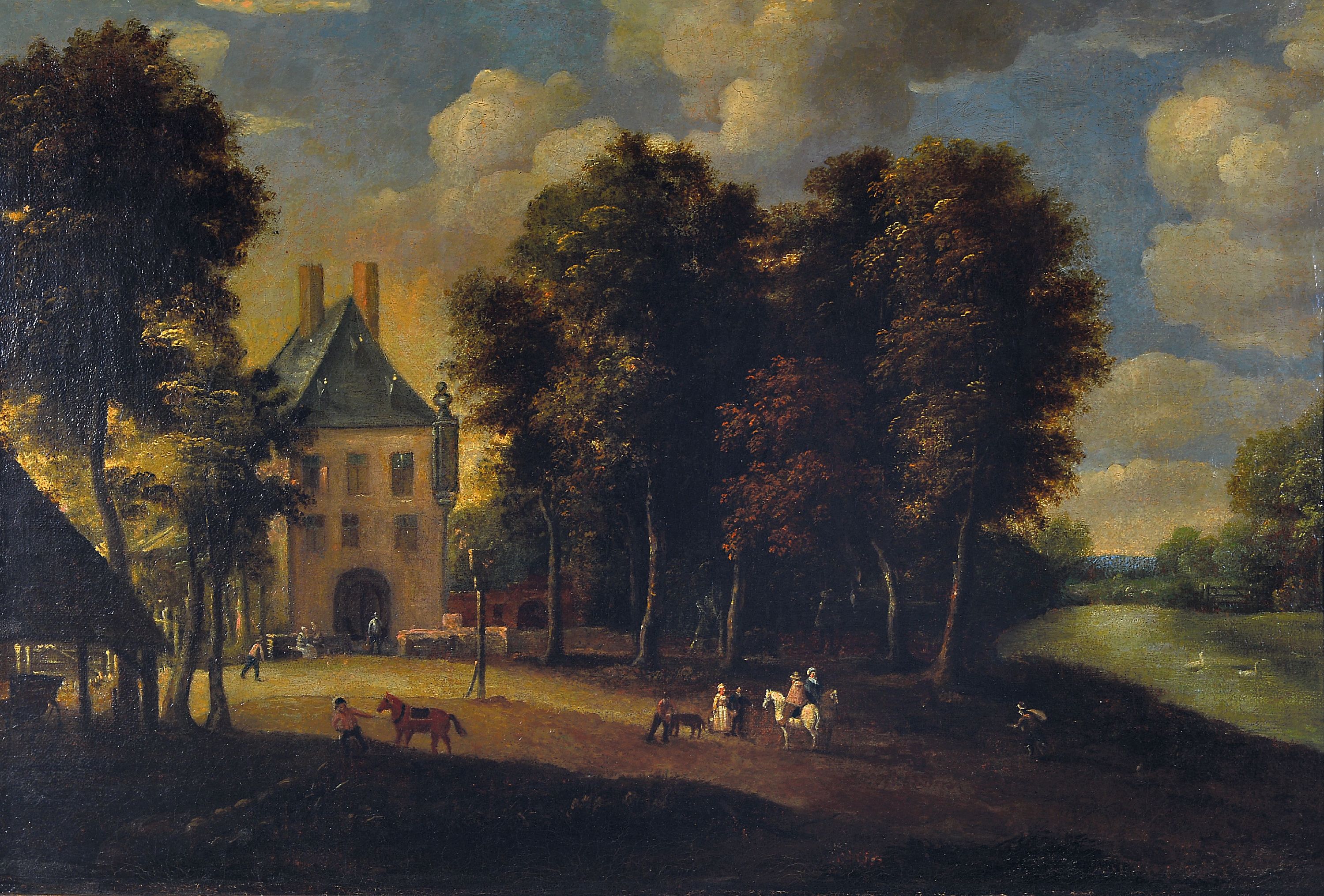 Image 27065305 - Zuschreibung: Meindert Hobbema, 1638-1709 Amsterdam, Personen auf einem Platz vor einem ...