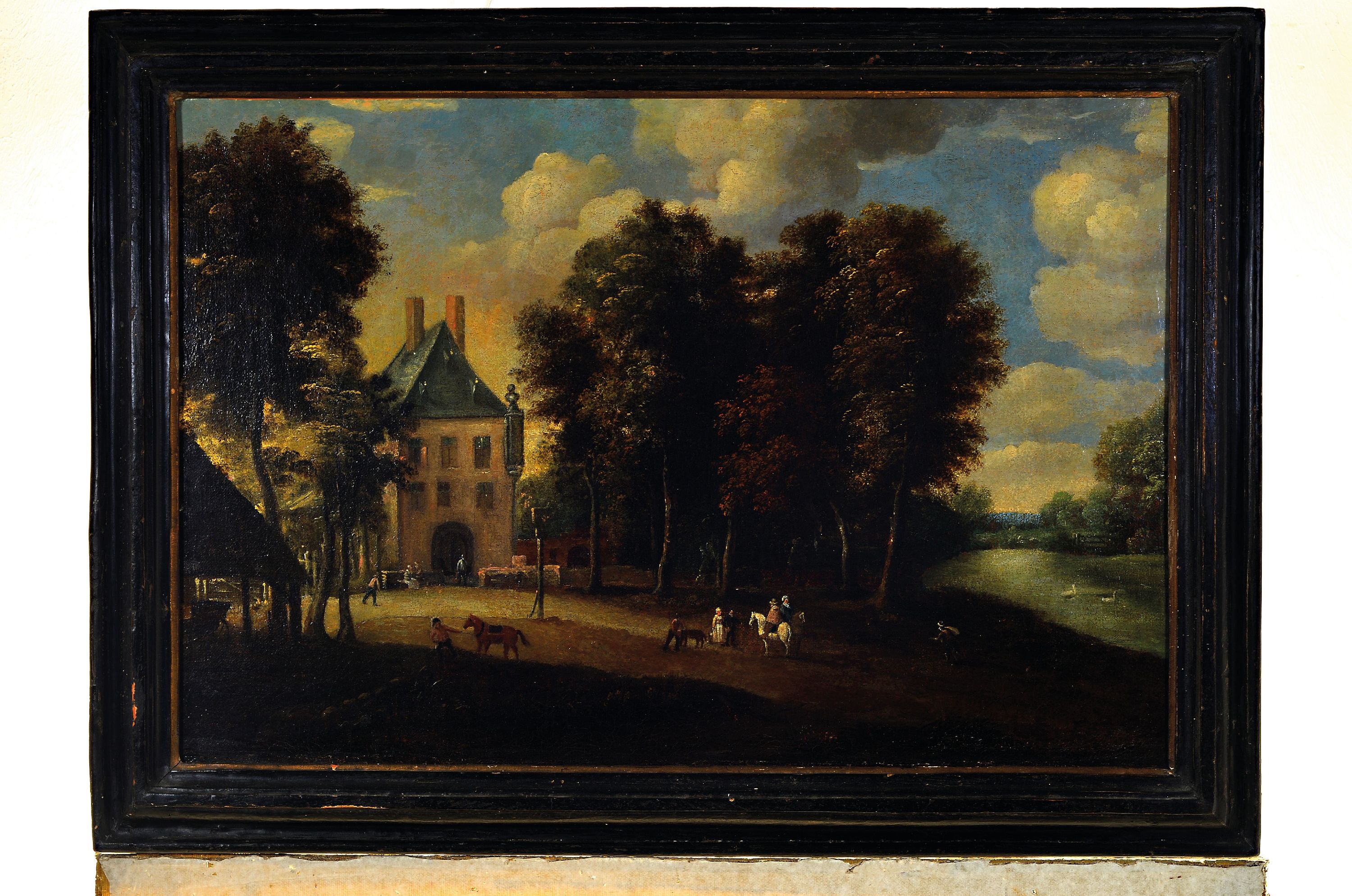 Detail k: Zuschreibung: Meindert Hobbema, 1638-1709 Amsterdam, Personen auf einem Platz vor einem herrschaftlichen Haus mit Baumbestand, Öl/Lwd, rest., ...
