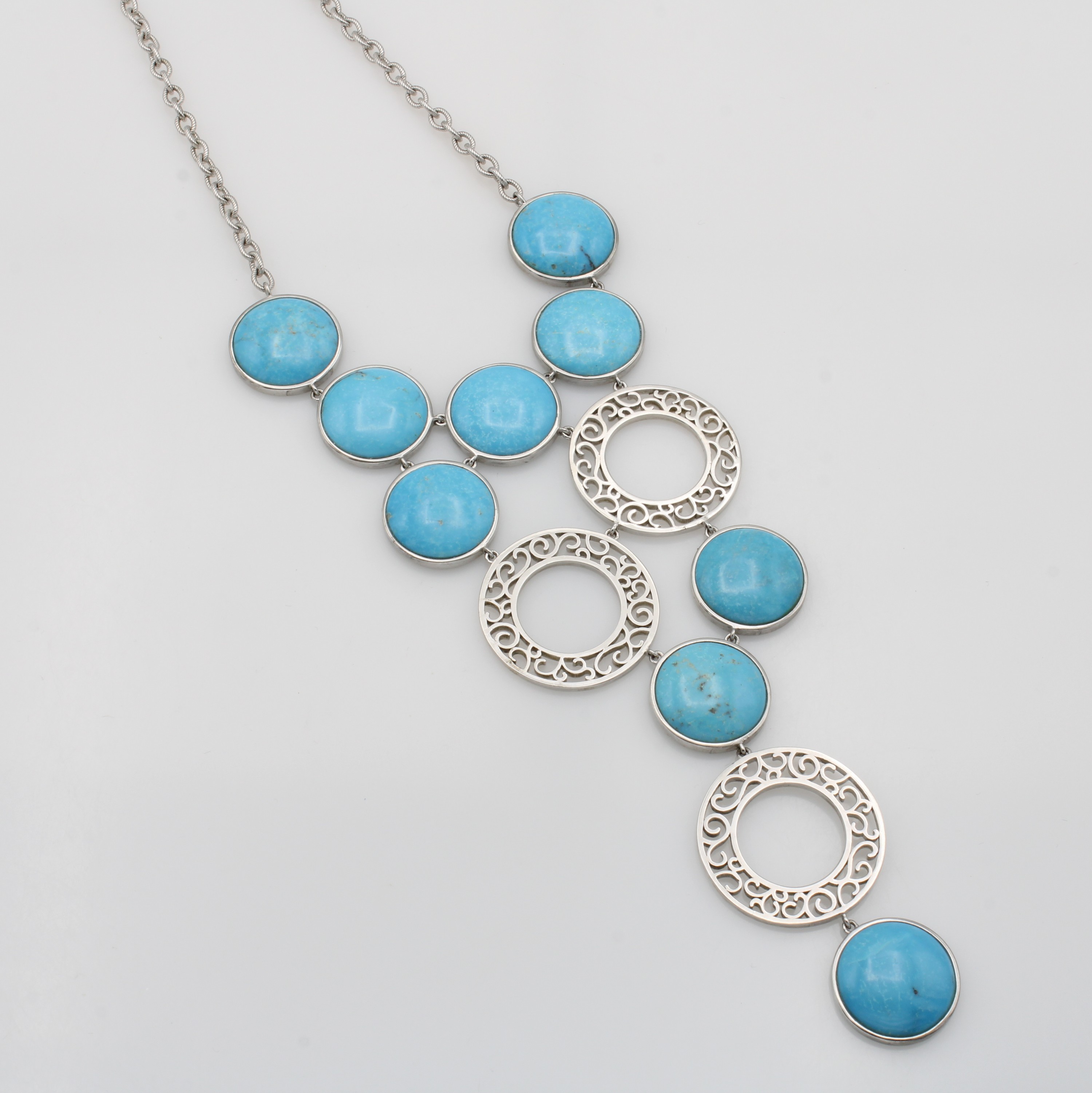 Image 27065306 - Langes Collier mit Türkisen, 925er Silber, geriefte Gliederkette, runde ...