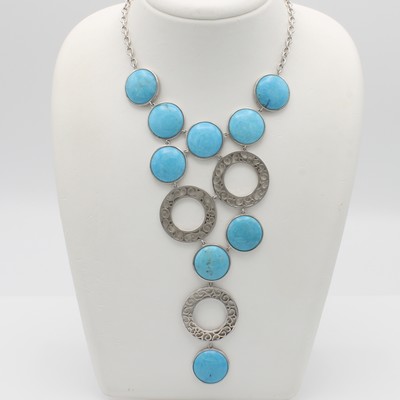 27065306a - Langes Collier mit Türkisen, 925er Silber, geriefte Gliederkette, runde ...