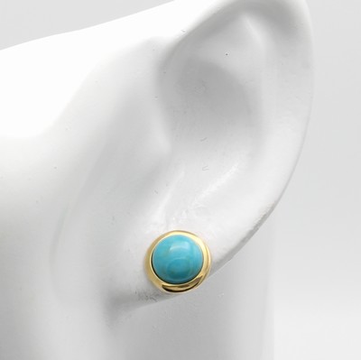 27065308a - Paar Ohrstecker mit Türkisen, GG 585/000, runde Türkise in glatter Fassung, D. ca. 10 ...